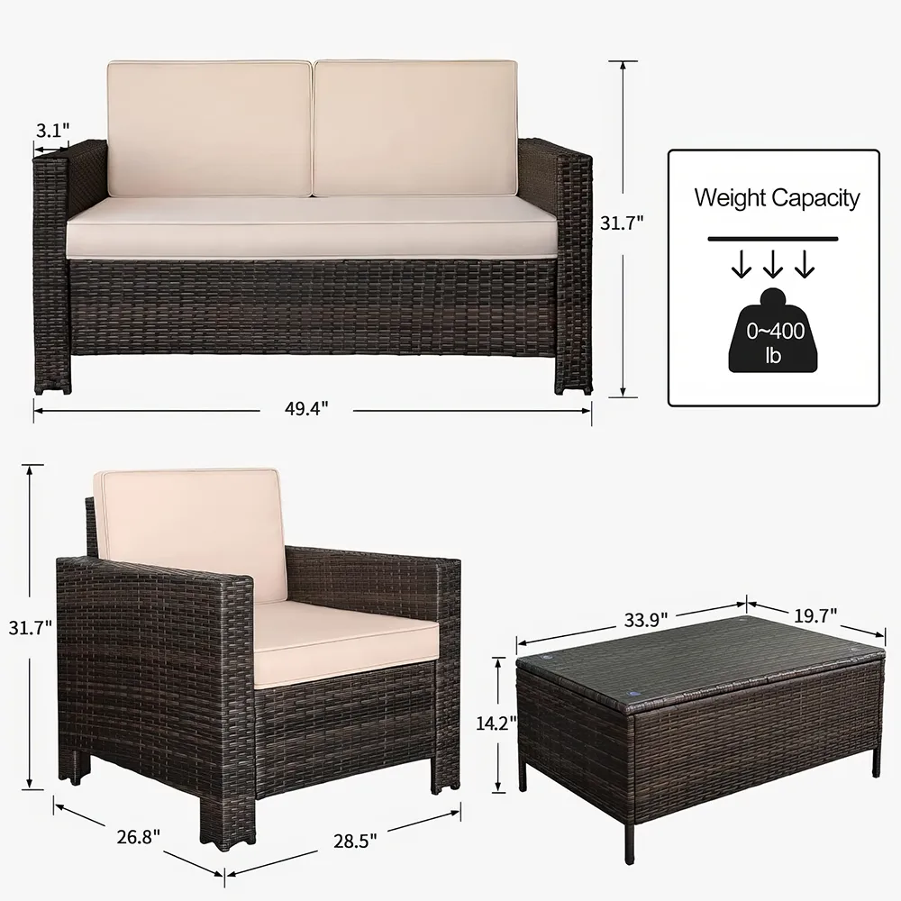 Transform your outdoor area into a stylish retreat with this elegant and durable wicker patio furniture set. Crafted with high-quality steel frames and handwoven rattan, it offers both comfort and resilience. The set includes plush, eco-friendly cushions with removable covers for easy cleaning, and a tempered glass coffee table for added sophistication. Perfect for your backyard, porch, or poolside, this versatile set blends minimalist design with functionality, making it ideal for lounging, entertaining, or simply enjoying the outdoors.