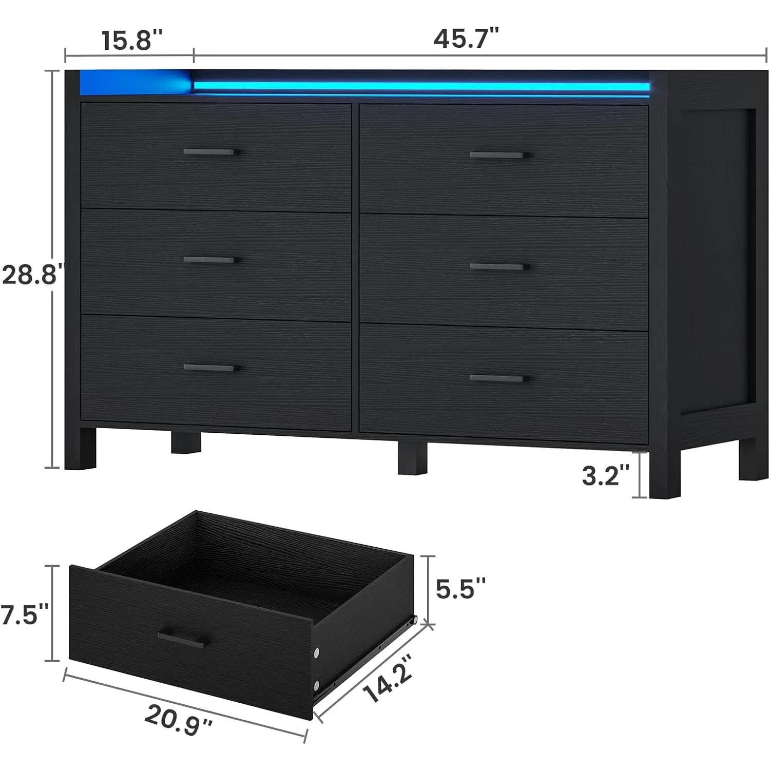 Elevate your space with the Modern LED 6-Drawer Dresser, where style meets smart functionality. This sleek black dresser features customizable LED lighting with over 60,000 color options and dynamic effects, all controlled via app or remote. Crafted from high-quality engineered wood, it offers durability and ample storage with six spacious drawers and a large tabletop. Perfect for bedrooms, living rooms, or nurseries, its modern design enhances any room while keeping your space organized. With easy installation and safety features, this dresser transforms both your décor and daily routine.
