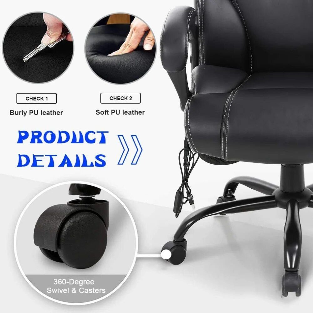 af186c5c980a84c6aba576d939ef2316.jpg-full Introducing the Big and Tall Office Chair, designed to provide exceptional comfort for extended work sessions. Upholstered in soft PU leather, this executive chair features extra-thick cushioning, offering maximum comfort for users up to 400lbs. The robust commercial-grade components ensure lasting support, making it perfect for heavy-duty use.