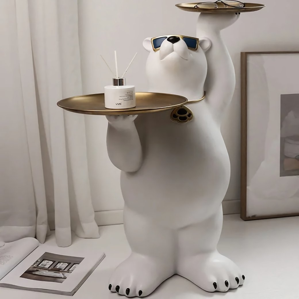 Add a touch of whimsy and elegance to your home with the Luxurious White Bear Tray Sculpture. Standing 81cm tall, this charming bear statue holds two round metal trays, offering both decorative flair and practical storage. Crafted from high-quality resin, its adorable face and delicate design bring a warm, romantic vibe to any room. Perfect for holding keys, jewelry, or decorative items, this unique piece is ideal for living rooms, bedrooms, or porches. A perfect blend of functionality and style, this sculpture is a must-have for any space!