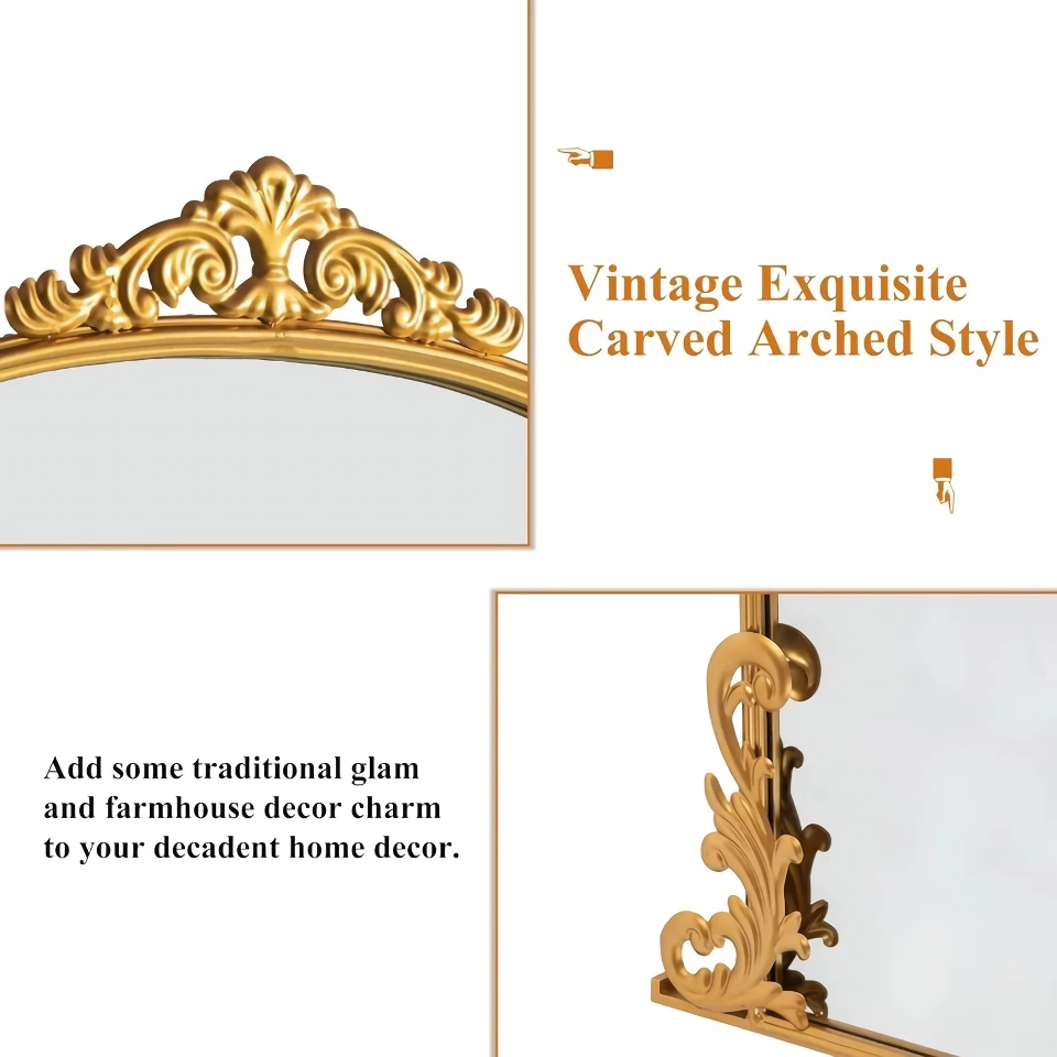 c73033ad9b78fdc53c03a2c03dcc3601 Elevate your home with the Vintage Arched Full-Length Mirror, a perfect blend of timeless elegance and functional design. Featuring a beautifully carved metal frame in a luxurious gold finish, this mirror adds a touch of traditional glamour and farmhouse charm to any room. At 68
