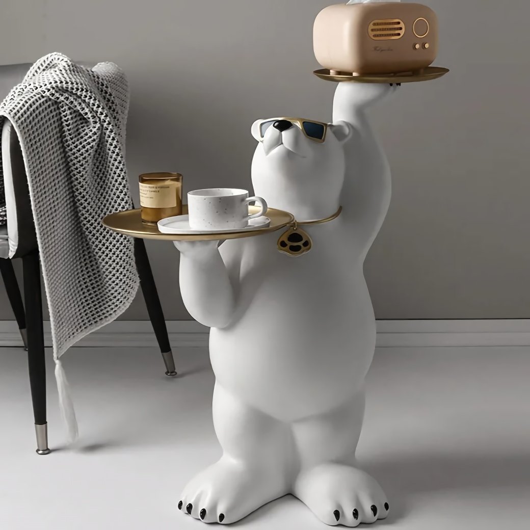 Add a touch of whimsy and elegance to your home with the Luxurious White Bear Tray Sculpture. Standing 81cm tall, this charming bear statue holds two round metal trays, offering both decorative flair and practical storage. Crafted from high-quality resin, its adorable face and delicate design bring a warm, romantic vibe to any room. Perfect for holding keys, jewelry, or decorative items, this unique piece is ideal for living rooms, bedrooms, or porches. A perfect blend of functionality and style, this sculpture is a must-have for any space!