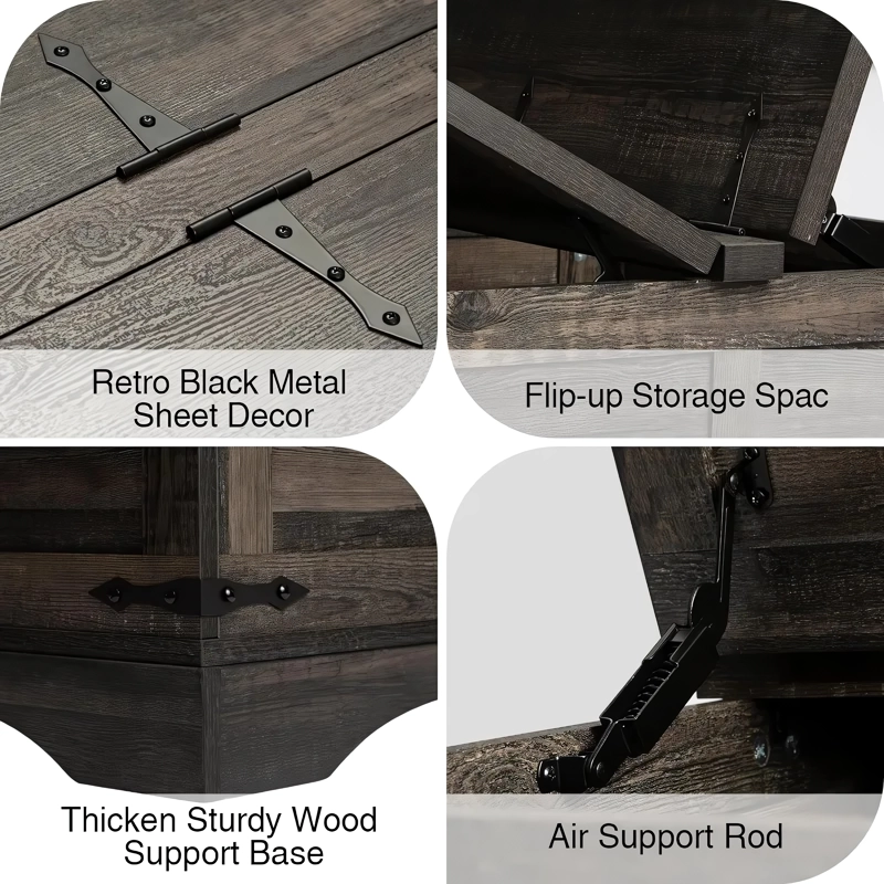 Add charm and functionality to your home with our Rustic Farmhouse Lift-Top Coffee Table. Featuring a spacious hidden storage compartment, this table effortlessly lifts to reveal ample space for blankets, magazines, or other essentials. Its pneumatic lift mechanism ensures smooth and secure operation, while black metal accents and a barn door motif bring rustic elegance to any room. With a reinforced solid base and versatile design, it serves as both a stylish centerpiece and a practical addition to your living space, perfect for work, dining, or relaxation.