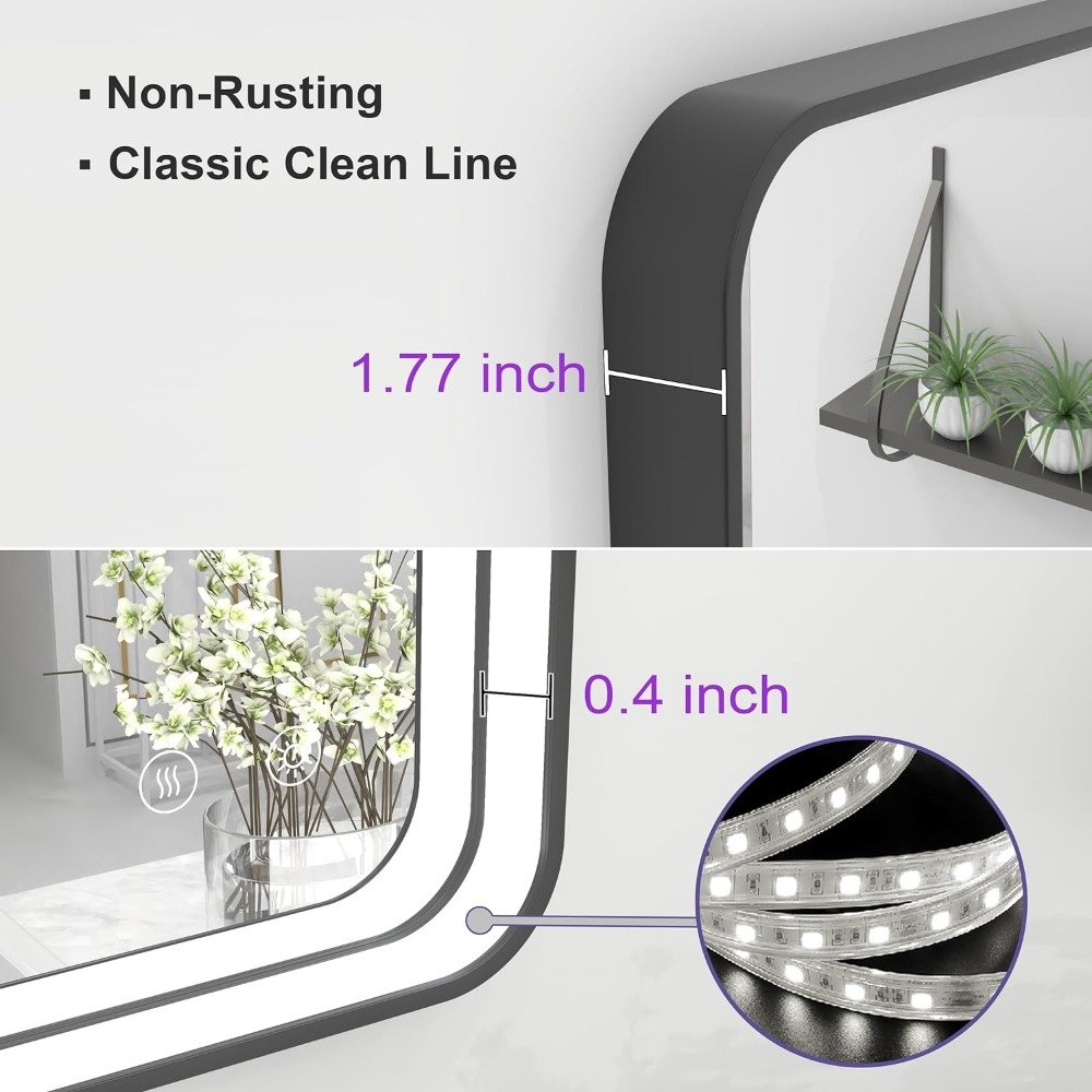 Elevate your bathroom with the Black Metal Frame LED Bathroom Mirror, designed to blend elegance with practicality. This wall-mounted mirror features dimmable lighting, an anti-fog function, and a sleek black metal frame for a modern, luxurious look. The adjustable brightness ensures perfect lighting for makeup, shaving, or grooming, while the eco-friendly, shatterproof glass and IP54 waterproof rating make it safe and durable for everyday use. With easy installation and energy-efficient features, this mirror is the perfect addition to any bathroom.