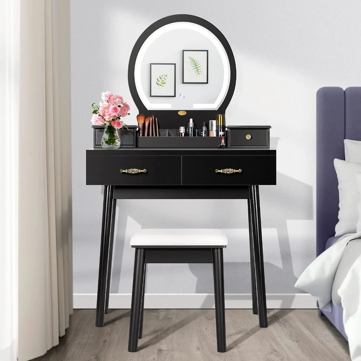 The Modern Vanity Set seamlessly blends style and functionality, featuring a sleek black finish and minimalist design. It includes a lighted mirror with three adjustable settings—cold, natural, and warm light—for flawless makeup application. With smart storage solutions, including small and large drawers, it keeps your essentials organized. Built from high-quality MDF and pine wood, the durable set also doubles as a compact desk, perfect for small spaces. Ideal for adding elegance and efficiency to any room, this vanity set is the ultimate solution for a stylish and organized daily routine.