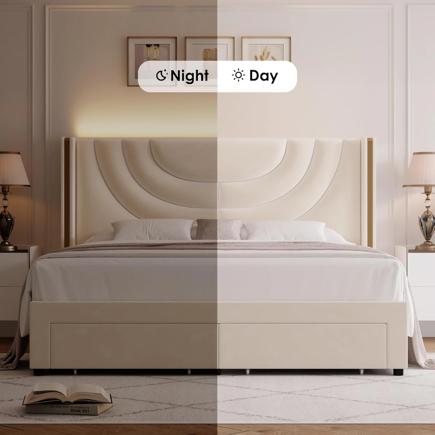Transform your bedroom into a modern retreat with our LED Bed Frame, combining sleek design, ambient lighting, and practical storage. Featuring RGB LED lighting on the headboard, adjustable via app or remote, this bed sets the perfect mood for relaxation. It also includes two large storage drawers, ideal for keeping your space organized and clutter-free. With a sturdy construction supporting up to 1000 lbs and a slat system that eliminates the need for a box spring, this bed offers both comfort and convenience. Perfect for small spaces, it provides style, functionality, and a serene atmosphere all in one.
