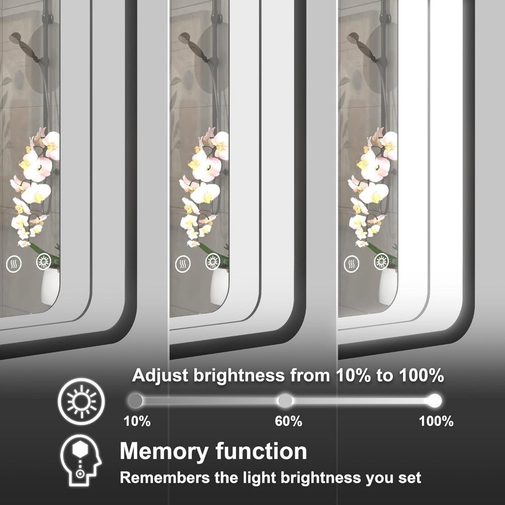 Elevate your bathroom with the Black Metal Frame LED Bathroom Mirror, designed to blend elegance with practicality. This wall-mounted mirror features dimmable lighting, an anti-fog function, and a sleek black metal frame for a modern, luxurious look. The adjustable brightness ensures perfect lighting for makeup, shaving, or grooming, while the eco-friendly, shatterproof glass and IP54 waterproof rating make it safe and durable for everyday use. With easy installation and energy-efficient features, this mirror is the perfect addition to any bathroom.
