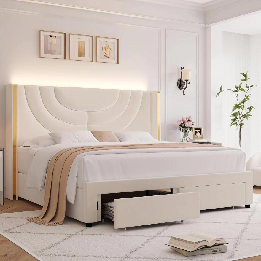 Transform your bedroom into a modern retreat with our LED Bed Frame, combining sleek design, ambient lighting, and practical storage. Featuring RGB LED lighting on the headboard, adjustable via app or remote, this bed sets the perfect mood for relaxation. It also includes two large storage drawers, ideal for keeping your space organized and clutter-free. With a sturdy construction supporting up to 1000 lbs and a slat system that eliminates the need for a box spring, this bed offers both comfort and convenience. Perfect for small spaces, it provides style, functionality, and a serene atmosphere all in one.