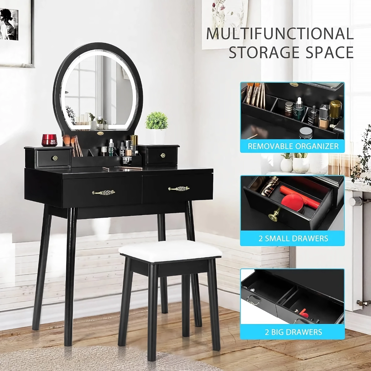 The Modern Vanity Set seamlessly blends style and functionality, featuring a sleek black finish and minimalist design. It includes a lighted mirror with three adjustable settings—cold, natural, and warm light—for flawless makeup application. With smart storage solutions, including small and large drawers, it keeps your essentials organized. Built from high-quality MDF and pine wood, the durable set also doubles as a compact desk, perfect for small spaces. Ideal for adding elegance and efficiency to any room, this vanity set is the ultimate solution for a stylish and organized daily routine.