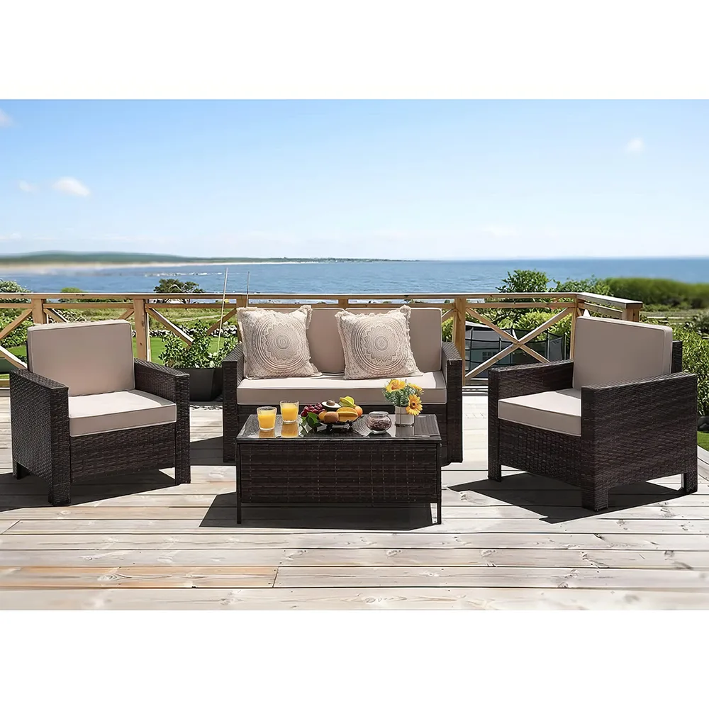 Transform your outdoor area into a stylish retreat with this elegant and durable wicker patio furniture set. Crafted with high-quality steel frames and handwoven rattan, it offers both comfort and resilience. The set includes plush, eco-friendly cushions with removable covers for easy cleaning, and a tempered glass coffee table for added sophistication. Perfect for your backyard, porch, or poolside, this versatile set blends minimalist design with functionality, making it ideal for lounging, entertaining, or simply enjoying the outdoors.