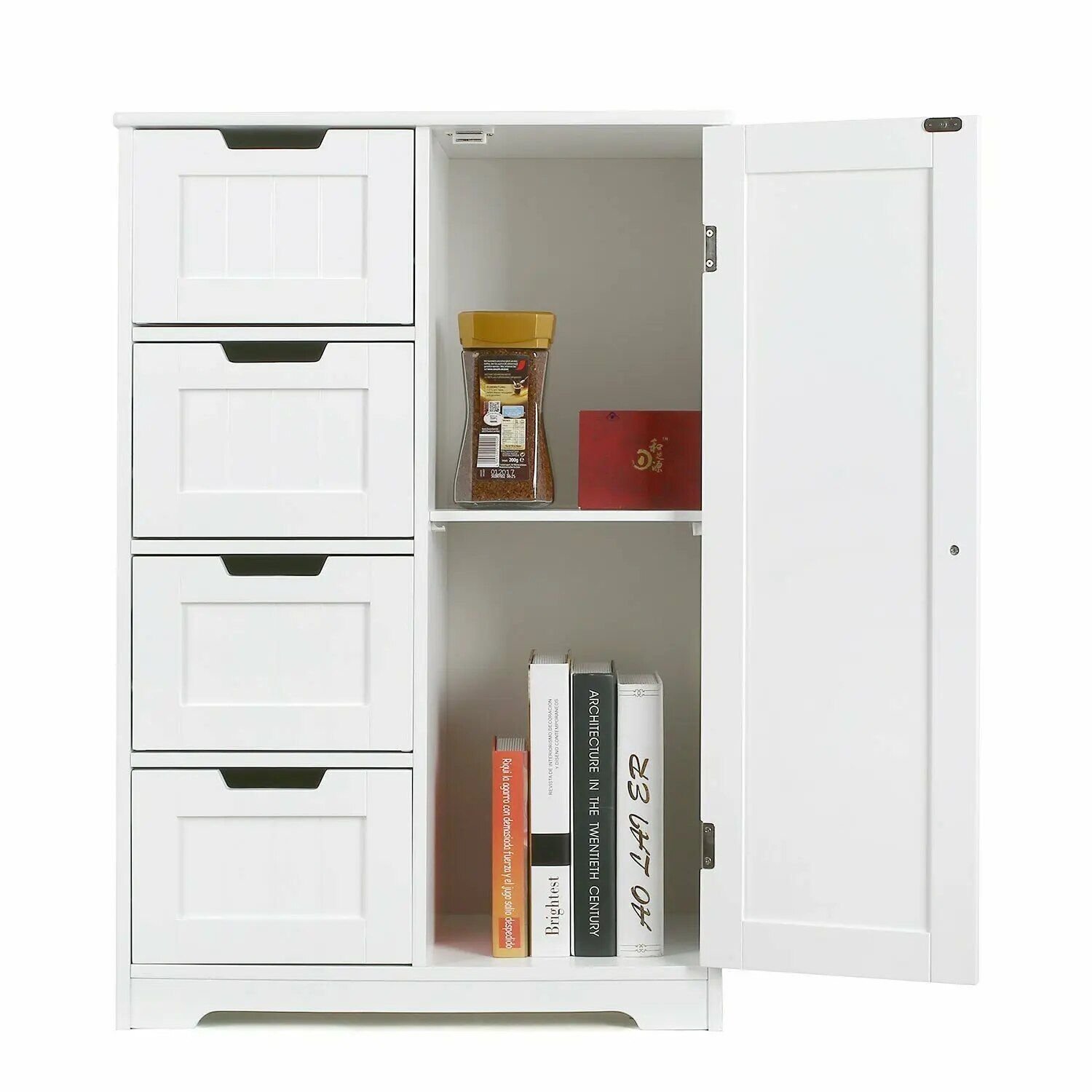 f61d5704f3764ba502c01f74b6085091.jpg-full Introducing our Elegant White Bathroom Storage Cabinet – the perfect blend of style and practicality for any bathroom. Featuring four spacious drawers and a door compartment with an adjustable shelf, this cabinet offers customizable storage while keeping your essentials organized and easily accessible. Crafted from high-quality MDF and finished with a smooth white lacquer, it’s durable, easy to clean, and complements any décor. With its sleek design, this versatile piece is also perfect for hallways or living rooms. Elevate your space with this functional and elegant storage solution today!