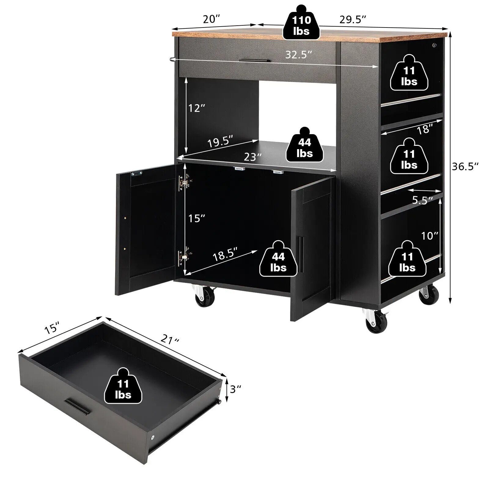 fee0b10ed0fc197cd0409a12249d19c5.jpg-full Introducing the Modern Rolling Kitchen Island Cart – the perfect combination of style, convenience, and functionality for your kitchen. Crafted from sturdy engineered wood and iron, this sleek black cart features multiple storage options, including a convenient drawer and 3 built-in spice racks. Its smooth-rolling wheels make it easy to move and reposition, while lockable wheels ensure stability when stationary. Whether you're preparing meals, storing essentials, or serving guests, this versatile cart provides the perfect blend of workspace and storage. Upgrade your kitchen today with this stylish and practical addition!