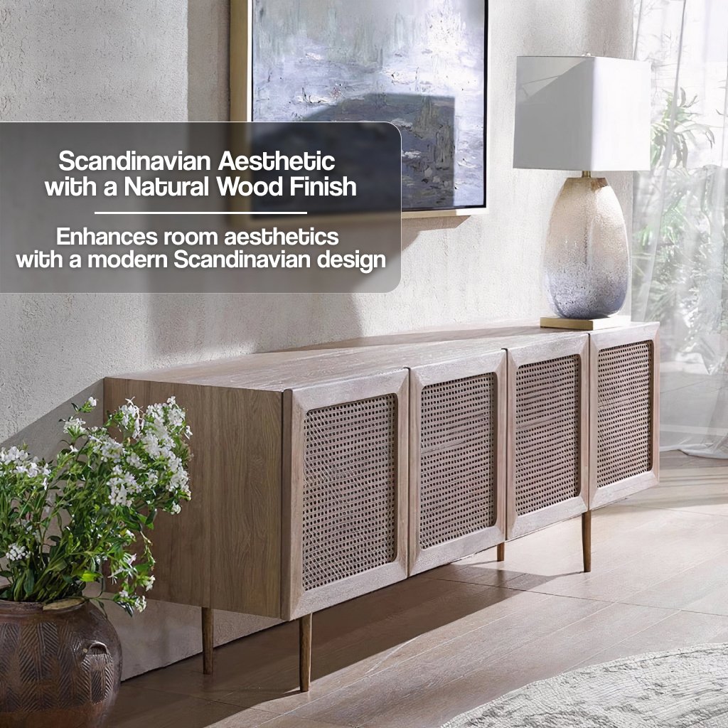Introducing the Scandinavian Modern Rattan TV Cabinet—a perfect fusion of style and functionality. Crafted from solid wood with chic rattan detailing, this TV cabinet brings timeless Scandinavian design into your living room. Offering ample storage for media and accessories, its clean lines and natural wood finish create a warm, inviting ambiance. Easy to install and built for durability, this cabinet elevates any modern or minimalist space. Order today and add a touch of elegance and practicality to your home.