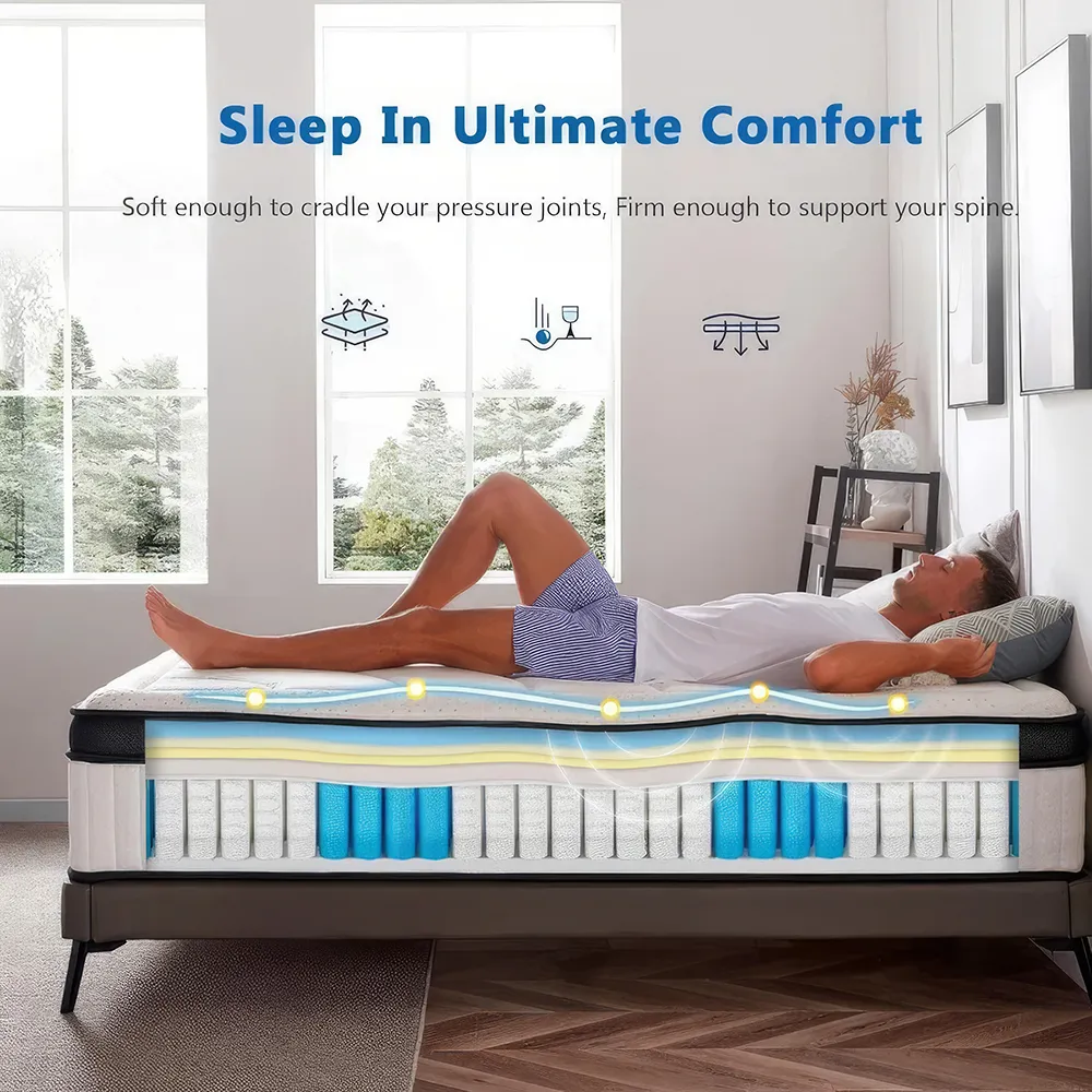 Discover the perfect balance of comfort and support with our 14-Inch Hybrid Gel Memory Foam and Innerspring Mattress. Featuring advanced hybrid technology, this mattress combines the responsiveness of innersprings with the plush comfort of gel memory foam for a luxurious sleep experience. Its Euro top design offers extra cushioning, while the seven premium layers provide optimal pressure relief and long-lasting durability. Certified safe and free from harmful chemicals, this mattress is ideal for all sleep positions, ensuring a restorative and pain-free sleep every night. Embrace better sleep with this hybrid mattress and wake up refreshed each morning!