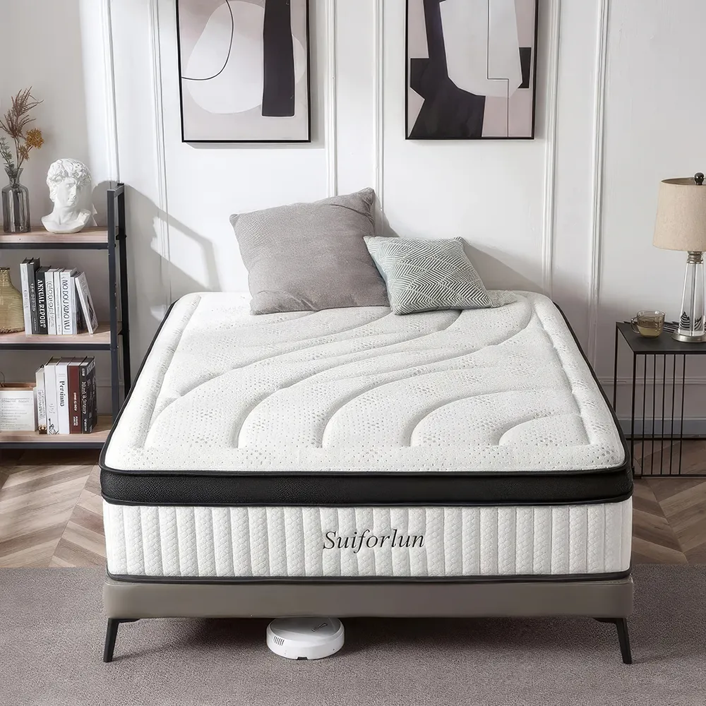 Discover the perfect balance of comfort and support with our 14-Inch Hybrid Gel Memory Foam and Innerspring Mattress. Featuring advanced hybrid technology, this mattress combines the responsiveness of innersprings with the plush comfort of gel memory foam for a luxurious sleep experience. Its Euro top design offers extra cushioning, while the seven premium layers provide optimal pressure relief and long-lasting durability. Certified safe and free from harmful chemicals, this mattress is ideal for all sleep positions, ensuring a restorative and pain-free sleep every night. Embrace better sleep with this hybrid mattress and wake up refreshed each morning!