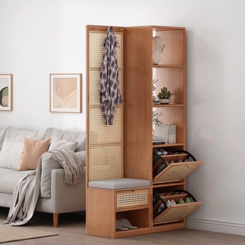 0237a81e5a0a9ba0bbe7285cf2b16187.jpg-full Elevate Your Space with the Modern Minimalist Wood Rattan Shoe Cabinet. This stylish piece combines sleek, contemporary design with practical functionality. Crafted from solid wood and rattan, it serves as both a shoe rack and a chic room divider, adding a touch of modern Moroccan elegance to your home. With easy assembly, durable construction, and ample storage, it keeps your shoes neatly organized while maximizing space. Ideal for living rooms, hallways, or bedrooms, this cabinet is the perfect blend of beauty and utility. Transform your home today with this versatile and stylish storage solution!