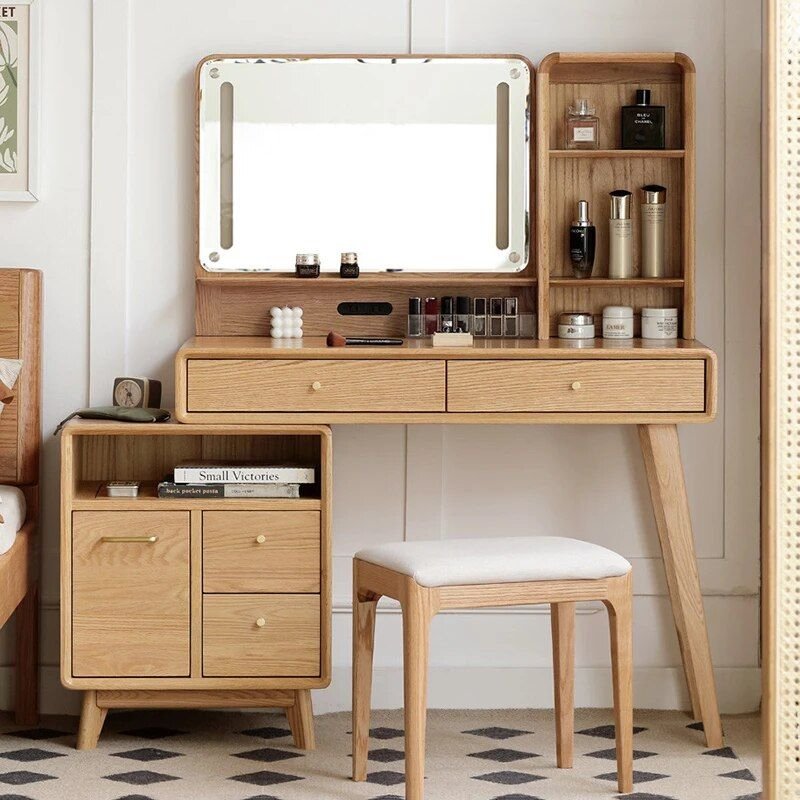 0bd4fd23b7ff65c46bf391d213fc7402.jpg-full Elevate Your Bedroom with the Modern Oak Wood Dresser. Crafted from high-quality solid oak, this dresser combines minimalist design with practical storage. Featuring two spacious drawers and a stylish art pattern mirror, it brings both elegance and functionality to your space. The generous 100x40x75cm size fits perfectly in any room, offering a sleek, modern aesthetic. Ideal for daily use, whether for storing personal items or styling with the knee-length mirror. This dresser is a perfect blend of luxury, durability, and sophisticated design.
