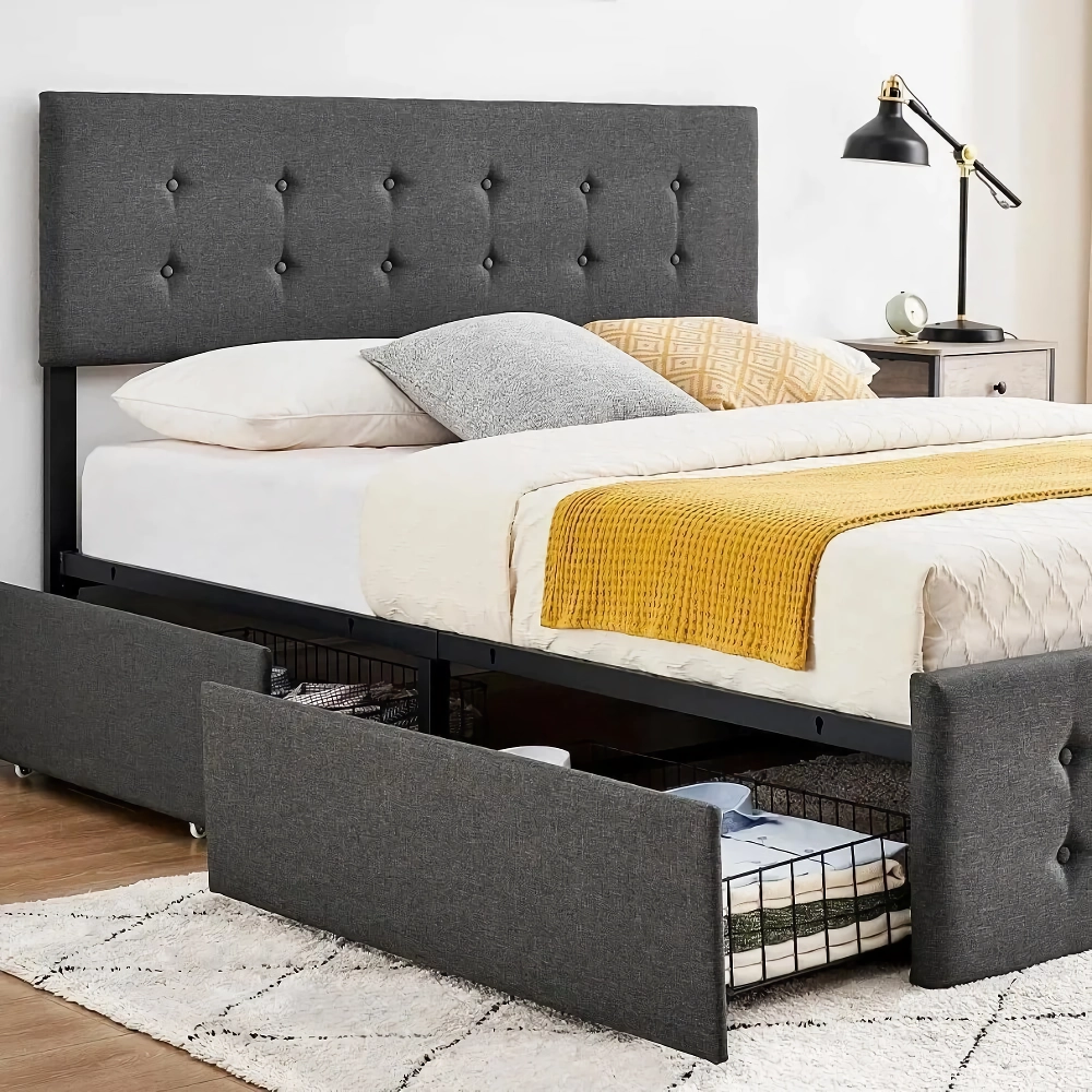Elevate your bedroom with our Full-Size Upholstered Bed Frame, a perfect blend of style, comfort, and functionality. This modern bed frame features four smooth-rolling steel drawers for convenient storage, helping you declutter your space. The sturdy, noise-free construction eliminates the need for a box spring, while the adjustable, padded headboard adds a touch of luxury. Ideal for smaller spaces, this bed frame maximizes storage without compromising on elegance. Enjoy quick assembly and long-lasting durability with a piece that combines practicality and sophisticated design.