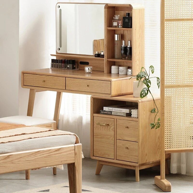 1198e1af06faf18b3334b195b42700fa.jpg-full Elevate Your Bedroom with the Modern Oak Wood Dresser. Crafted from high-quality solid oak, this dresser combines minimalist design with practical storage. Featuring two spacious drawers and a stylish art pattern mirror, it brings both elegance and functionality to your space. The generous 100x40x75cm size fits perfectly in any room, offering a sleek, modern aesthetic. Ideal for daily use, whether for storing personal items or styling with the knee-length mirror. This dresser is a perfect blend of luxury, durability, and sophisticated design.