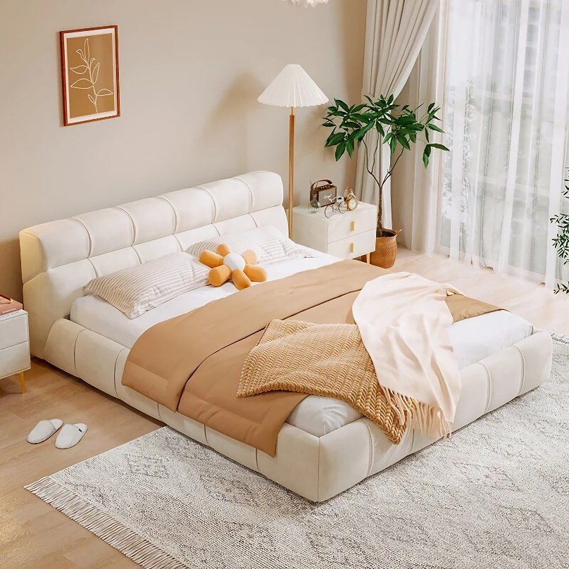 Luxurious Minimalist Upholstered Bed – A perfect blend of Italian luxury and minimalist design, this bed adds sophistication and comfort to any bedroom. Crafted with a durable oak frame and soft fabric upholstery, it offers both durability and a cozy, inviting appearance. The sleek, modern design is ideal for any room, making it a versatile choice for home or commercial spaces. Elevate your bedroom with this statement piece, offering both style and comfort. Order now and transform your bedroom into a sanctuary of relaxation. (Mattress and box spring not included.)
