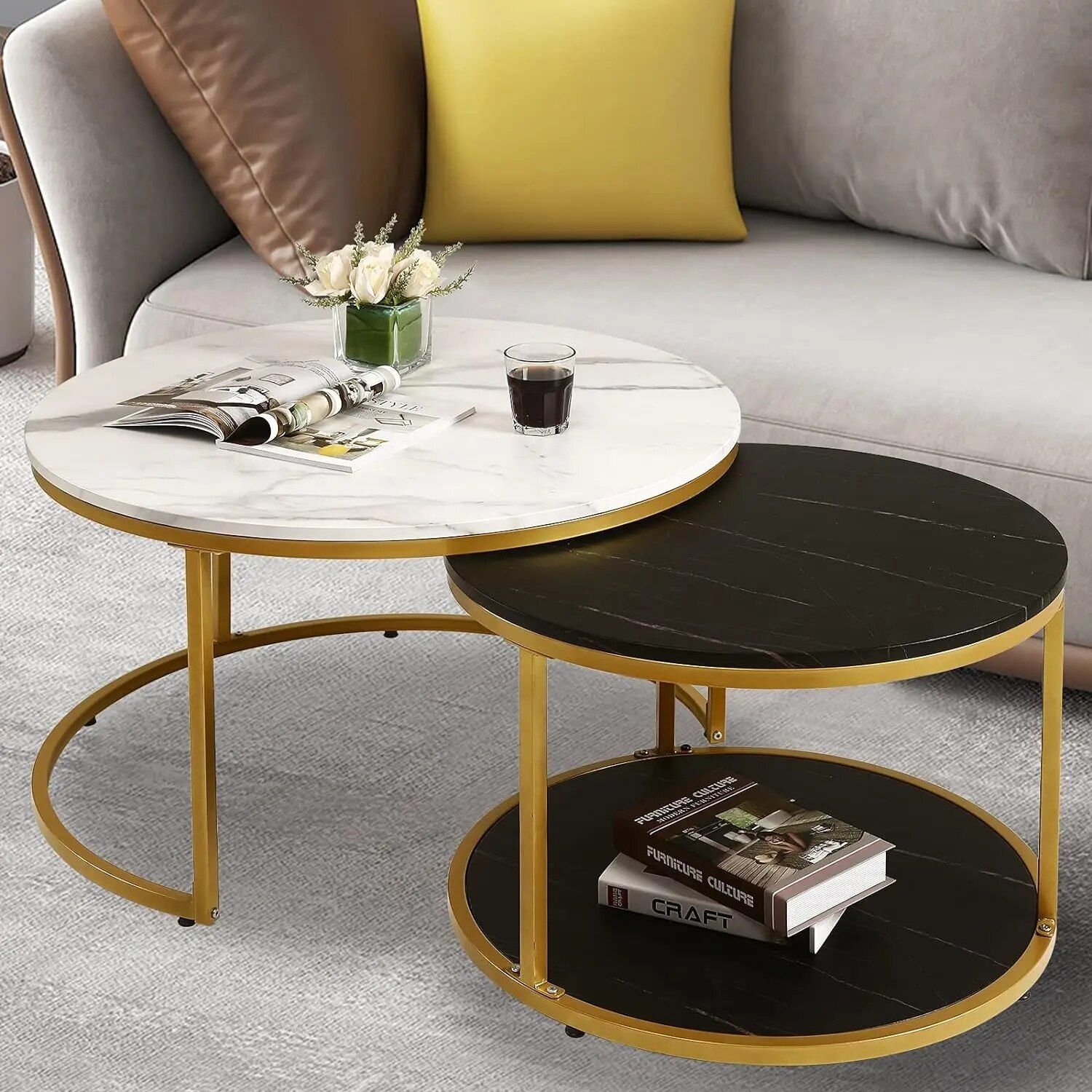 2cbf6ce9c3248690a8b0267205f5ab6e.jpg-full Transform your living space with our Modern Nesting Coffee Table Set, designed to blend elegance with functionality. This two-piece set includes a large coffee table and a smaller side table, both featuring eco-friendly particle board tops with a chic faux marble finish and sturdy gold metal frames. The nesting design allows for flexible arrangement, saving space when needed and offering extra surface area when separated. Perfect for any occasion, this versatile set adds a touch of sophistication while meeting your everyday needs with ease.