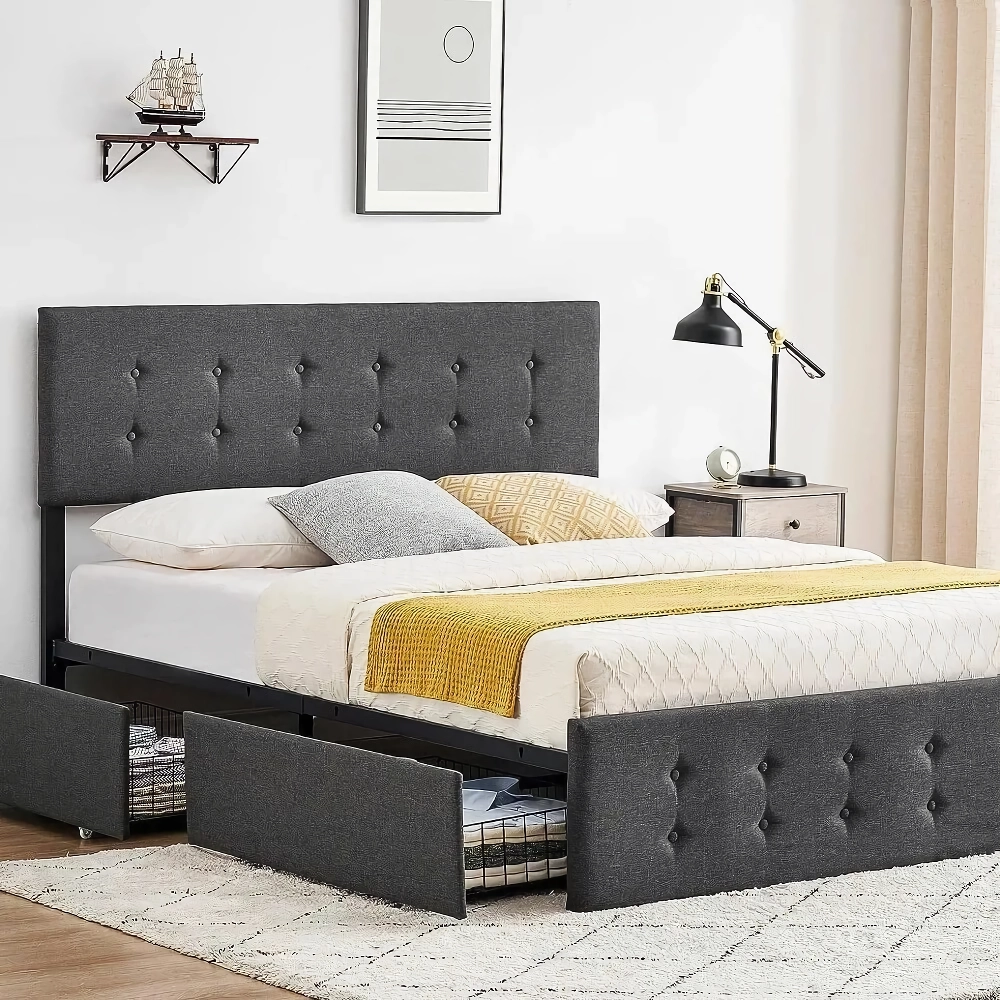 Elevate your bedroom with our Full-Size Upholstered Bed Frame, a perfect blend of style, comfort, and functionality. This modern bed frame features four smooth-rolling steel drawers for convenient storage, helping you declutter your space. The sturdy, noise-free construction eliminates the need for a box spring, while the adjustable, padded headboard adds a touch of luxury. Ideal for smaller spaces, this bed frame maximizes storage without compromising on elegance. Enjoy quick assembly and long-lasting durability with a piece that combines practicality and sophisticated design.