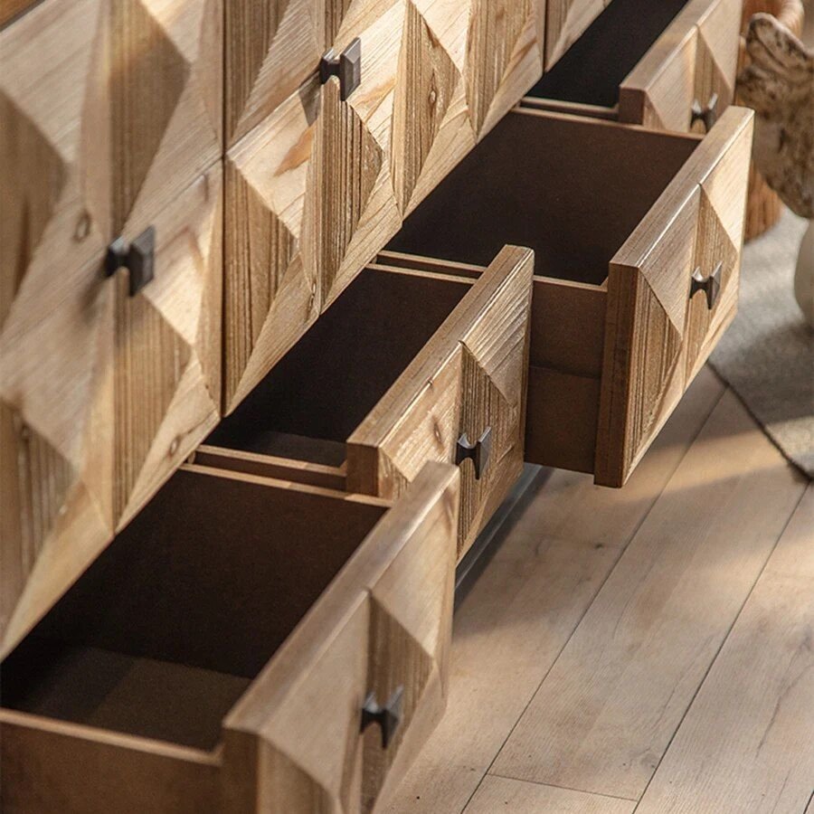 354995411305266939cae055669c8069.jpg-full Introducing our Elegant Vintage Solid Wood Stand—a perfect blend of minimalist modern design and classic retro charm. Crafted from premium pine and fir woods, this versatile stand features a sleek 150x41x80cm frame with four spacious drawers for organized storage. Its solid veneer finish with relief technique adds sophistication, making it a timeless piece for any living room. Whether used as a TV stand, storage solution, or display unit, this stand seamlessly enhances any decor with its durable, stylish construction.