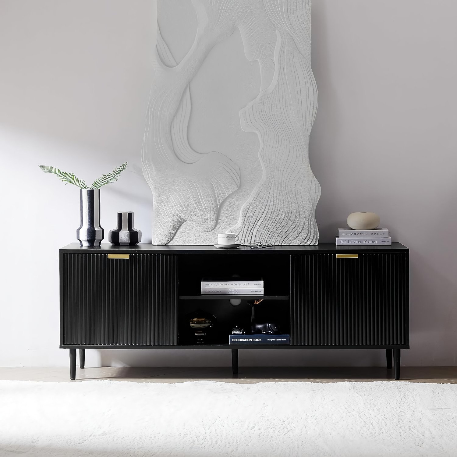 3c861f116ce5a5675ca776158d02112c9778bdb8-s1-n2-y2.jpg-full Revolutionize Your Living Space with the Waveform Wood TV Stand. Designed for TVs over 65 inches, this modern and minimalist TV stand combines style and practicality. Featuring sliding doors with fluted panel design and adjustable shelves, it offers versatile storage for your media devices while enhancing your room's aesthetic. The engineered wood construction ensures stability, and the easy assembly process makes setup a breeze. Perfect for any living room, bedroom, or home office, this TV stand brings both elegance and functionality to your space.