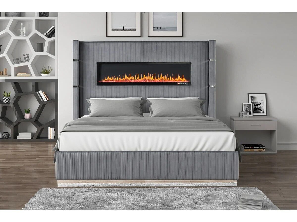 Elevate your bedroom with the Gray Velvet King Bed with Ambient Lighting, a perfect blend of luxury, comfort, and modern technology. This stunning bed features a plush gray velvet upholstery and a unique headboard with a fireplace display offering six color options, controlled remotely for a customizable ambiance. Equipped with USB ports and Bluetooth speakers, it allows you to charge your devices and enjoy music while relaxing. Ideal for creating a tranquil and luxurious retreat, this bed is a true statement piece in any modern bedroom.