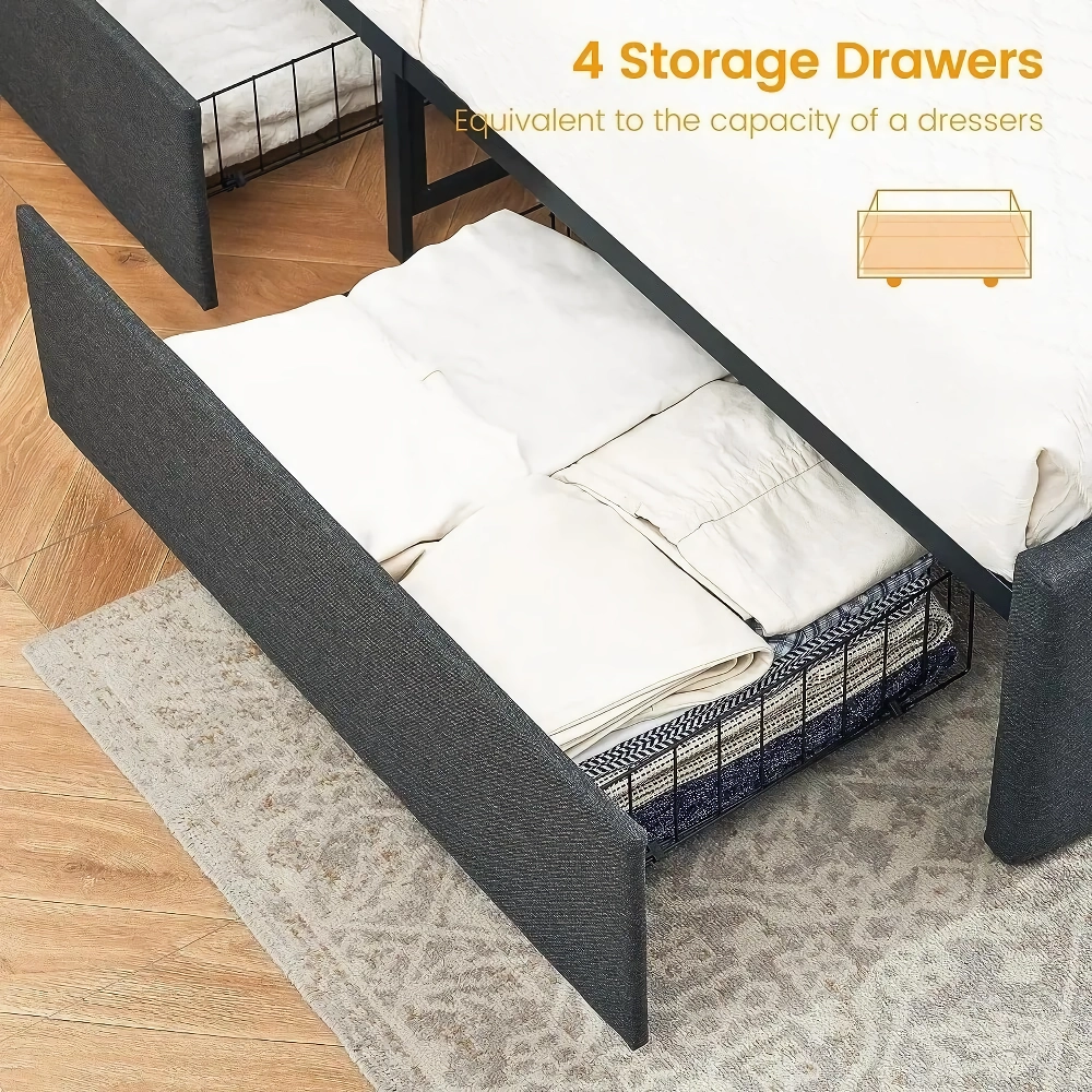 Elevate your bedroom with our Full-Size Upholstered Bed Frame, a perfect blend of style, comfort, and functionality. This modern bed frame features four smooth-rolling steel drawers for convenient storage, helping you declutter your space. The sturdy, noise-free construction eliminates the need for a box spring, while the adjustable, padded headboard adds a touch of luxury. Ideal for smaller spaces, this bed frame maximizes storage without compromising on elegance. Enjoy quick assembly and long-lasting durability with a piece that combines practicality and sophisticated design.