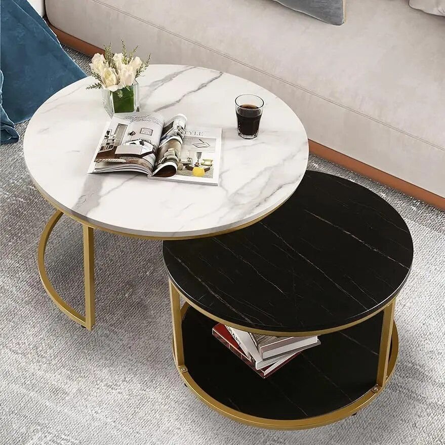 4ee465748fc6737f5bd1f47b320c7d6e.jpg-full Transform your living space with our Modern Nesting Coffee Table Set, designed to blend elegance with functionality. This two-piece set includes a large coffee table and a smaller side table, both featuring eco-friendly particle board tops with a chic faux marble finish and sturdy gold metal frames. The nesting design allows for flexible arrangement, saving space when needed and offering extra surface area when separated. Perfect for any occasion, this versatile set adds a touch of sophistication while meeting your everyday needs with ease.