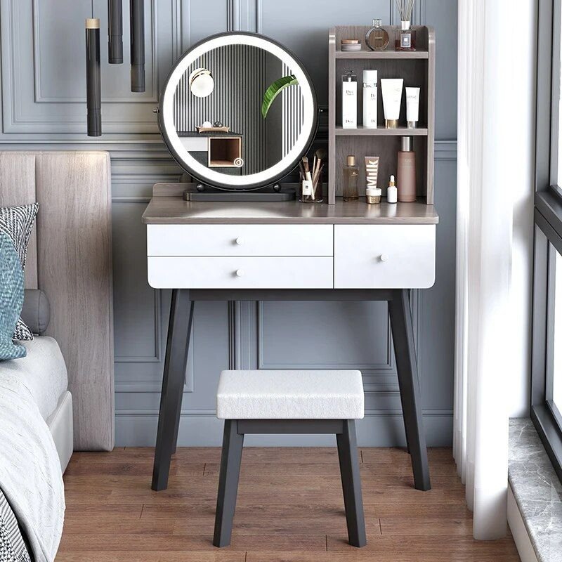 4f383450b1640ad01565c6e500b912c5.jpg-full Introducing our Modern Elegant Dressing Table, designed to bring style and functionality to your bedroom or hotel suite. With its sleek white finish and modern design, this dressing table features a spacious mirror for easy makeup and hairstyling, along with a comfortable stool for a relaxing beauty routine. Ample storage drawers keep your makeup, jewelry, and essentials organized. Perfect for daily use or as a luxurious addition to any space, it offers both elegance and practicality. Elevate your dressing experience with this sophisticated piece today.