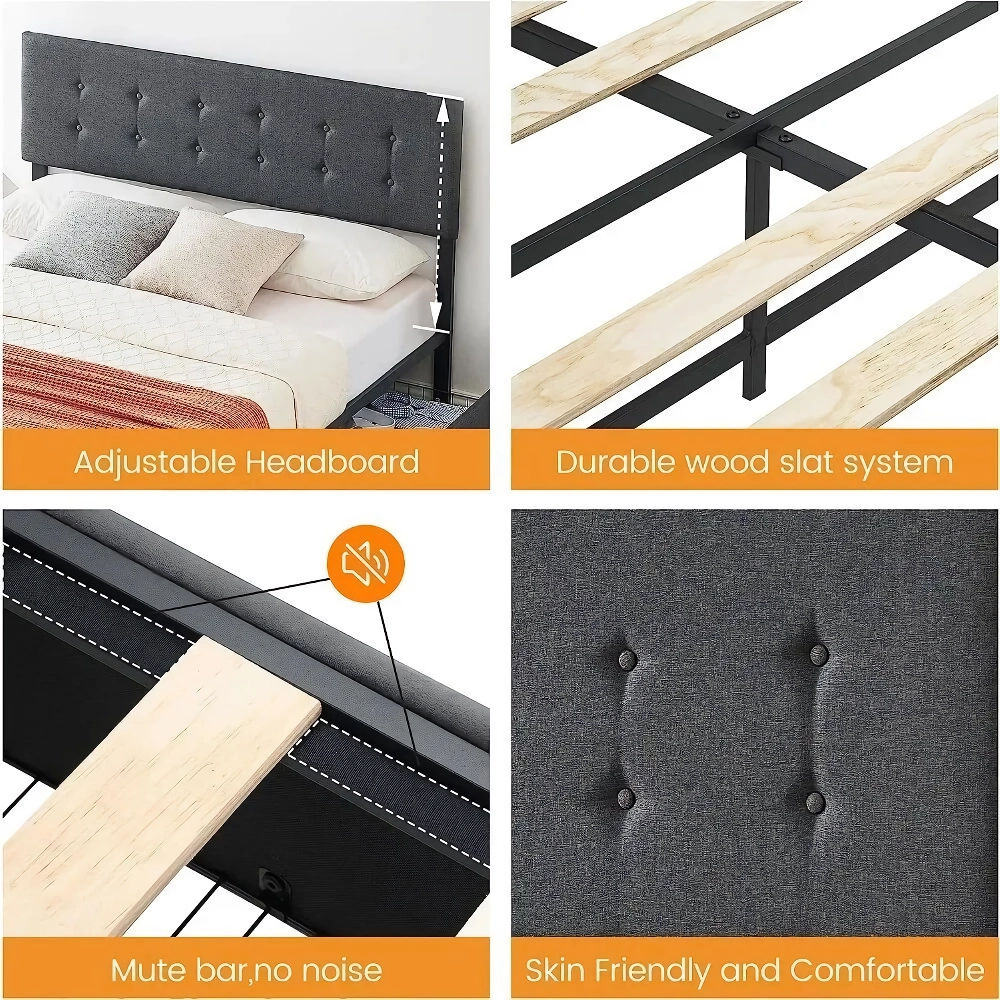 Elevate your bedroom with our Full-Size Upholstered Bed Frame, a perfect blend of style, comfort, and functionality. This modern bed frame features four smooth-rolling steel drawers for convenient storage, helping you declutter your space. The sturdy, noise-free construction eliminates the need for a box spring, while the adjustable, padded headboard adds a touch of luxury. Ideal for smaller spaces, this bed frame maximizes storage without compromising on elegance. Enjoy quick assembly and long-lasting durability with a piece that combines practicality and sophisticated design.