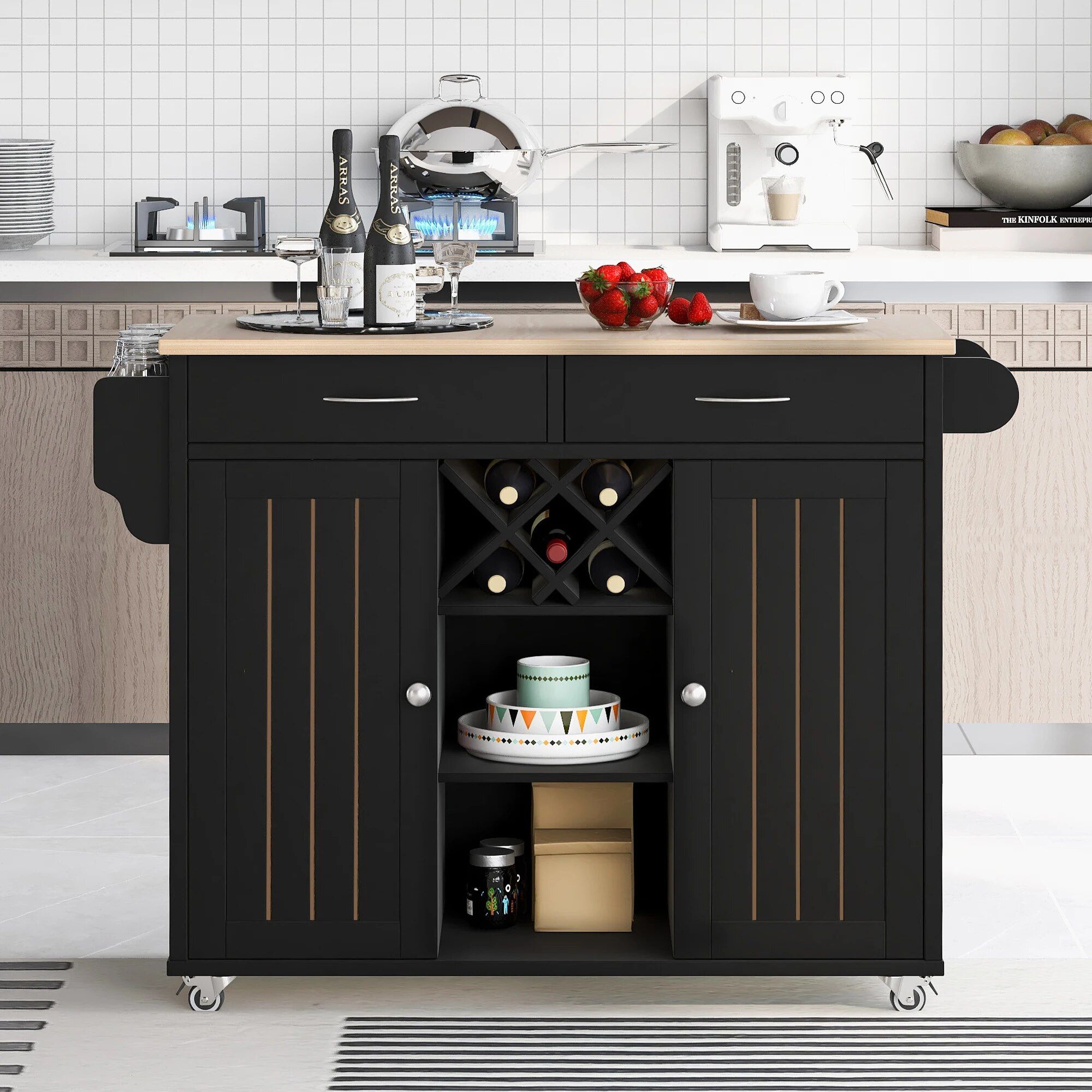 Elevate Your Culinary Space with our Multi-Purpose Kitchen Island Cart. This stylish and functional piece is perfect for any kitchen, dining room, or hallway. Featuring ample storage with two easy-glide drawers, large cabinets, open shelves, and a built-in wine rack for five bottles, it provides both organization and display space. The four smooth-rolling wheels make it easy to move, with lockable wheels for stability. Constructed from durable mahogany wood with a sleek, heat-resistant veneered top, this kitchen island cart combines elegance and practicality. Simple assembly and premium materials ensure long-lasting use. Order now and enhance your kitchen with this versatile, high-quality cart!