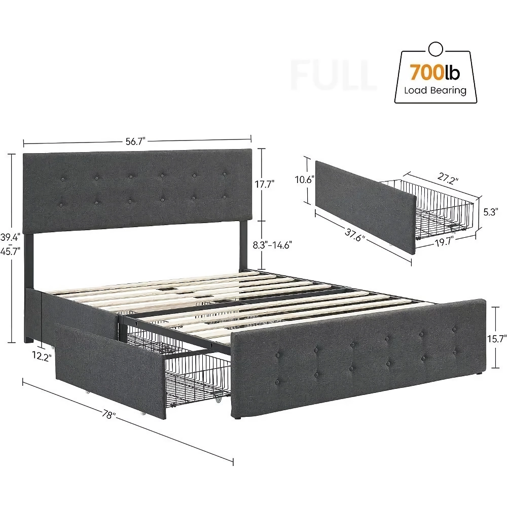 Elevate your bedroom with our Full-Size Upholstered Bed Frame, a perfect blend of style, comfort, and functionality. This modern bed frame features four smooth-rolling steel drawers for convenient storage, helping you declutter your space. The sturdy, noise-free construction eliminates the need for a box spring, while the adjustable, padded headboard adds a touch of luxury. Ideal for smaller spaces, this bed frame maximizes storage without compromising on elegance. Enjoy quick assembly and long-lasting durability with a piece that combines practicality and sophisticated design.