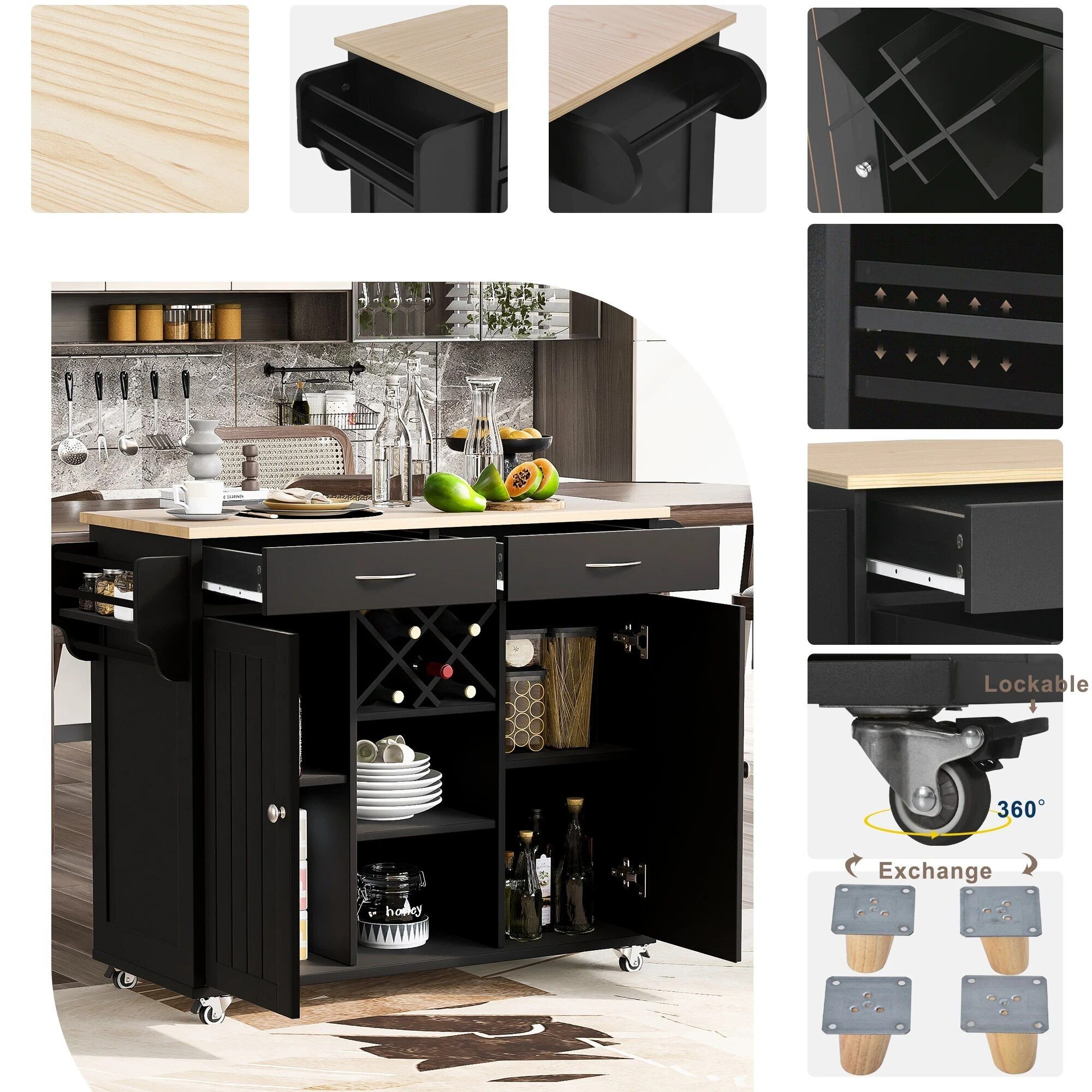 68006b62eccecfbd0716b95262c9b413.jpg-full Elevate Your Culinary Space with our Multi-Purpose Kitchen Island Cart. This stylish and functional piece is perfect for any kitchen, dining room, or hallway. Featuring ample storage with two easy-glide drawers, large cabinets, open shelves, and a built-in wine rack for five bottles, it provides both organization and display space. The four smooth-rolling wheels make it easy to move, with lockable wheels for stability. Constructed from durable mahogany wood with a sleek, heat-resistant veneered top, this kitchen island cart combines elegance and practicality. Simple assembly and premium materials ensure long-lasting use. Order now and enhance your kitchen with this versatile, high-quality cart!