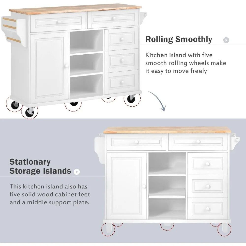 6800f1b76dddd463f2f902a703e98537.jpg-full Enhance your kitchen with our Versatile Rolling Kitchen Island, a perfect blend of style and practicality. Featuring a sturdy rubberwood countertop ideal for meal prep and serving, this cart offers ample storage with five spacious drawers and shelves. Its easy mobility, with five wheels (two lockable for stability), allows for flexible use in any kitchen. The sleek white finish complements any décor, while the easy-to-maintain surface keeps your kitchen organized and efficient. No assembly required—just roll it into your space and enjoy the added functionality and elegance.