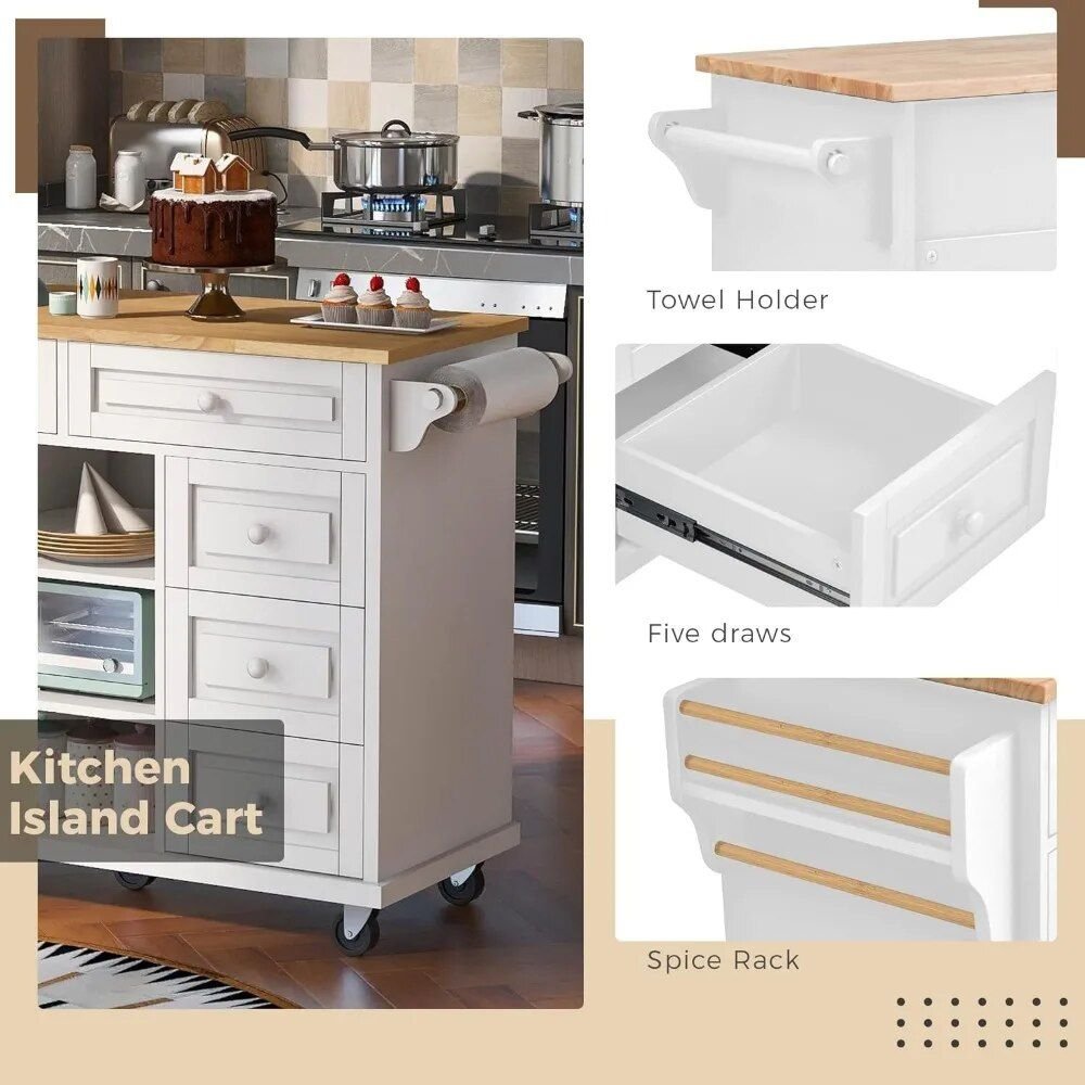 682cdb7f1f32be25ff739871a15769bb.jpg-full Enhance your kitchen with our Versatile Rolling Kitchen Island, a perfect blend of style and practicality. Featuring a sturdy rubberwood countertop ideal for meal prep and serving, this cart offers ample storage with five spacious drawers and shelves. Its easy mobility, with five wheels (two lockable for stability), allows for flexible use in any kitchen. The sleek white finish complements any décor, while the easy-to-maintain surface keeps your kitchen organized and efficient. No assembly required—just roll it into your space and enjoy the added functionality and elegance.