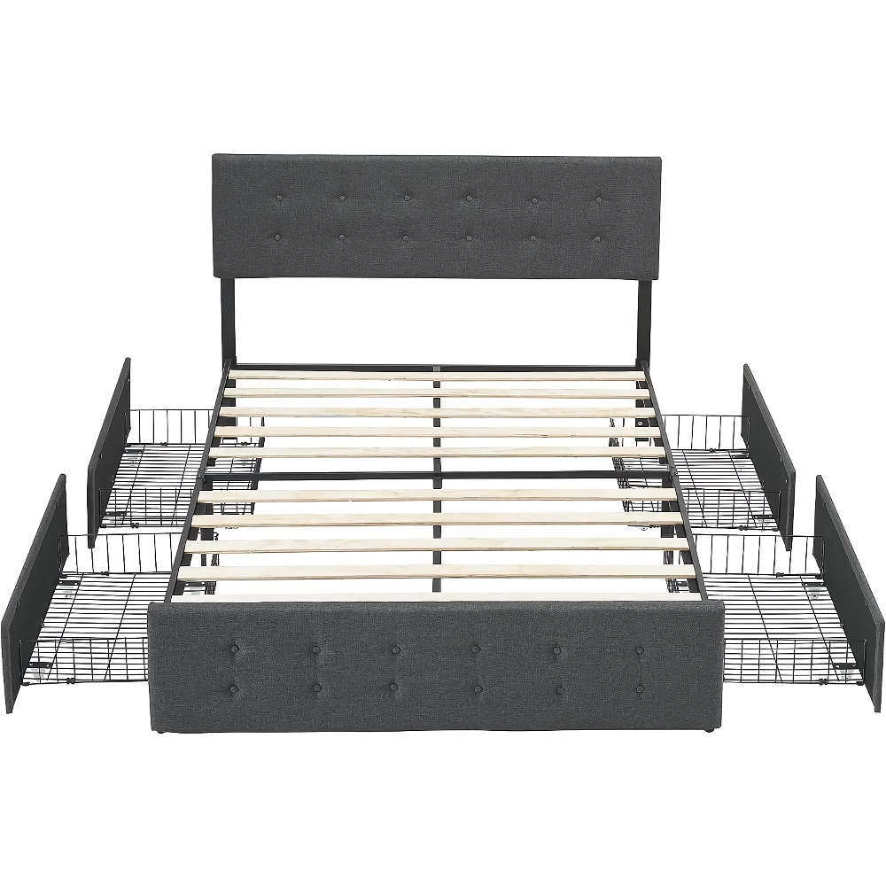 7-72 Elevate your bedroom with our Full-Size Upholstered Bed Frame, a perfect blend of style, comfort, and functionality. This modern bed frame features four smooth-rolling steel drawers for convenient storage, helping you declutter your space. The sturdy, noise-free construction eliminates the need for a box spring, while the adjustable, padded headboard adds a touch of luxury. Ideal for smaller spaces, this bed frame maximizes storage without compromising on elegance. Enjoy quick assembly and long-lasting durability with a piece that combines practicality and sophisticated design.