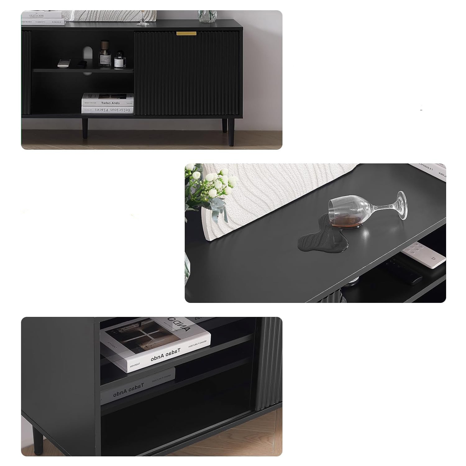 715sxacb-il-sl1500.jpg-full Revolutionize Your Living Space with the Waveform Wood TV Stand. Designed for TVs over 65 inches, this modern and minimalist TV stand combines style and practicality. Featuring sliding doors with fluted panel design and adjustable shelves, it offers versatile storage for your media devices while enhancing your room's aesthetic. The engineered wood construction ensures stability, and the easy assembly process makes setup a breeze. Perfect for any living room, bedroom, or home office, this TV stand brings both elegance and functionality to your space.