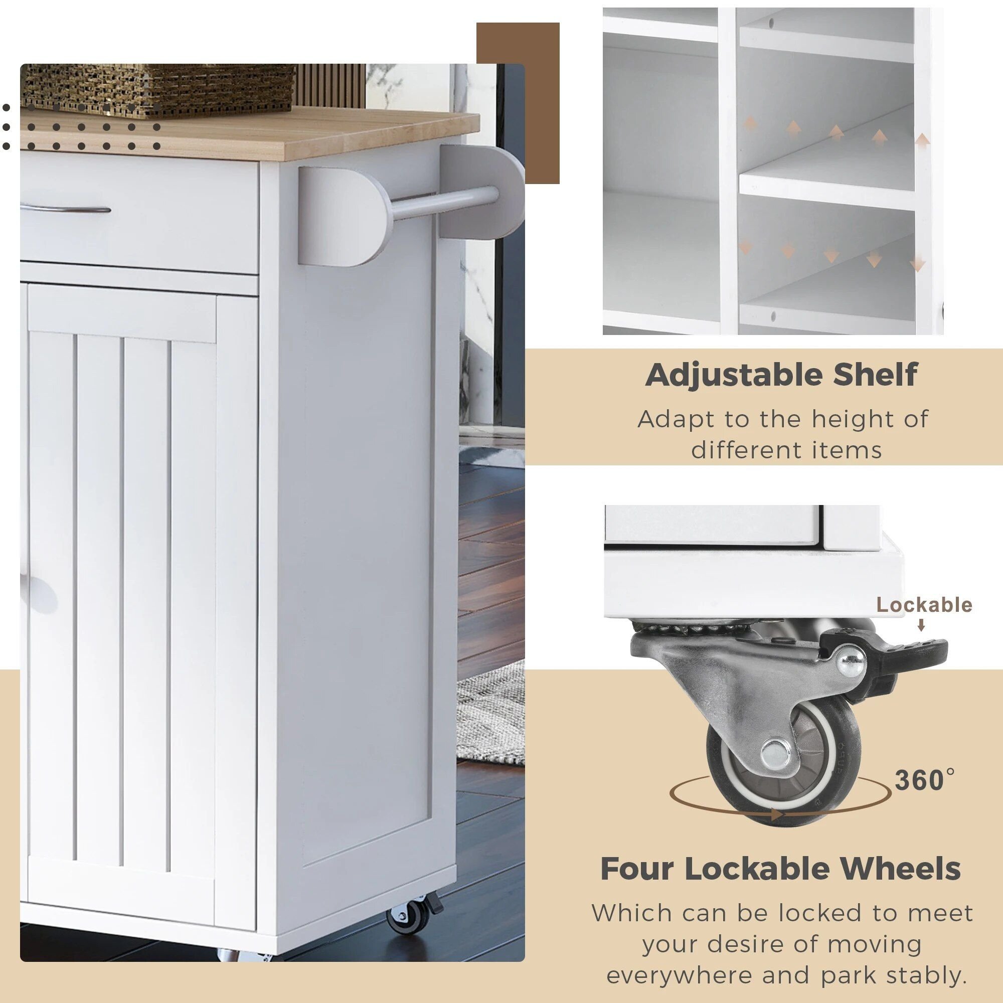 7cb247a70c8812d2eb46d0e9471704ff.jpg-full Elevate Your Culinary Space with our Multi-Purpose Kitchen Island Cart. This stylish and functional piece is perfect for any kitchen, dining room, or hallway. Featuring ample storage with two easy-glide drawers, large cabinets, open shelves, and a built-in wine rack for five bottles, it provides both organization and display space. The four smooth-rolling wheels make it easy to move, with lockable wheels for stability. Constructed from durable mahogany wood with a sleek, heat-resistant veneered top, this kitchen island cart combines elegance and practicality. Simple assembly and premium materials ensure long-lasting use. Order now and enhance your kitchen with this versatile, high-quality cart!
