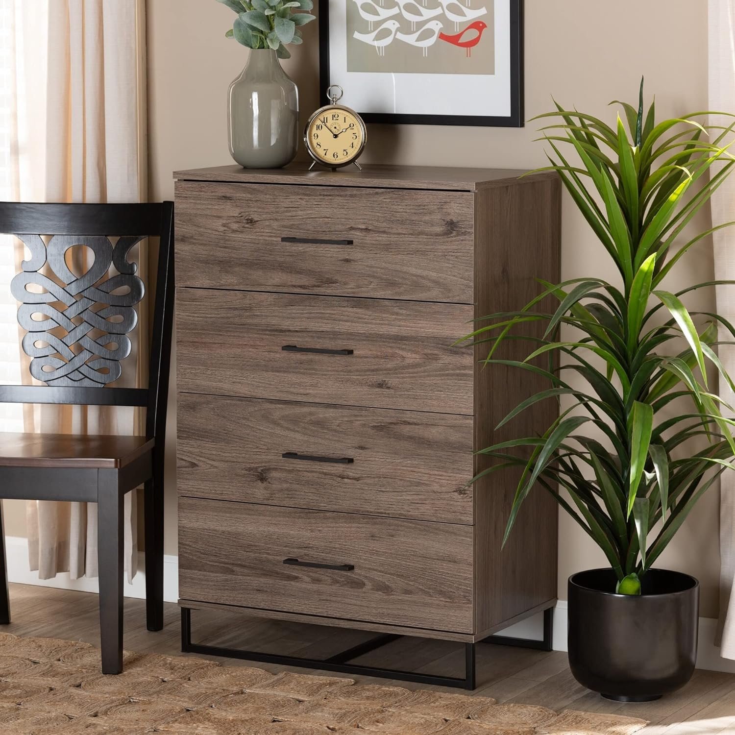 81n2qawwxbl-ac-sl1500.jpg-full Introducing the Rustic Oak 4-Drawer Storage Chest—the perfect blend of modern design and rustic charm. Crafted from high-quality engineered wood with a sturdy metal base, this chest offers four spacious drawers to store clothes, linens, and more. Its sleek metal handles complement the warm oak finish, adding elegance to any bedroom. Easy to assemble and made with premium craftsmanship, this storage chest combines style and utility to keep your space organized. Elevate your home with this timeless, functional piece today!