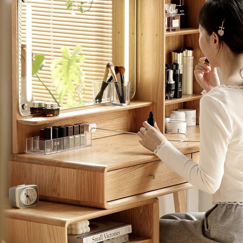 8c0cfa711d4b999e1a6cccdda61061b6.jpg-full Elevate Your Bedroom with the Modern Oak Wood Dresser. Crafted from high-quality solid oak, this dresser combines minimalist design with practical storage. Featuring two spacious drawers and a stylish art pattern mirror, it brings both elegance and functionality to your space. The generous 100x40x75cm size fits perfectly in any room, offering a sleek, modern aesthetic. Ideal for daily use, whether for storing personal items or styling with the knee-length mirror. This dresser is a perfect blend of luxury, durability, and sophisticated design.