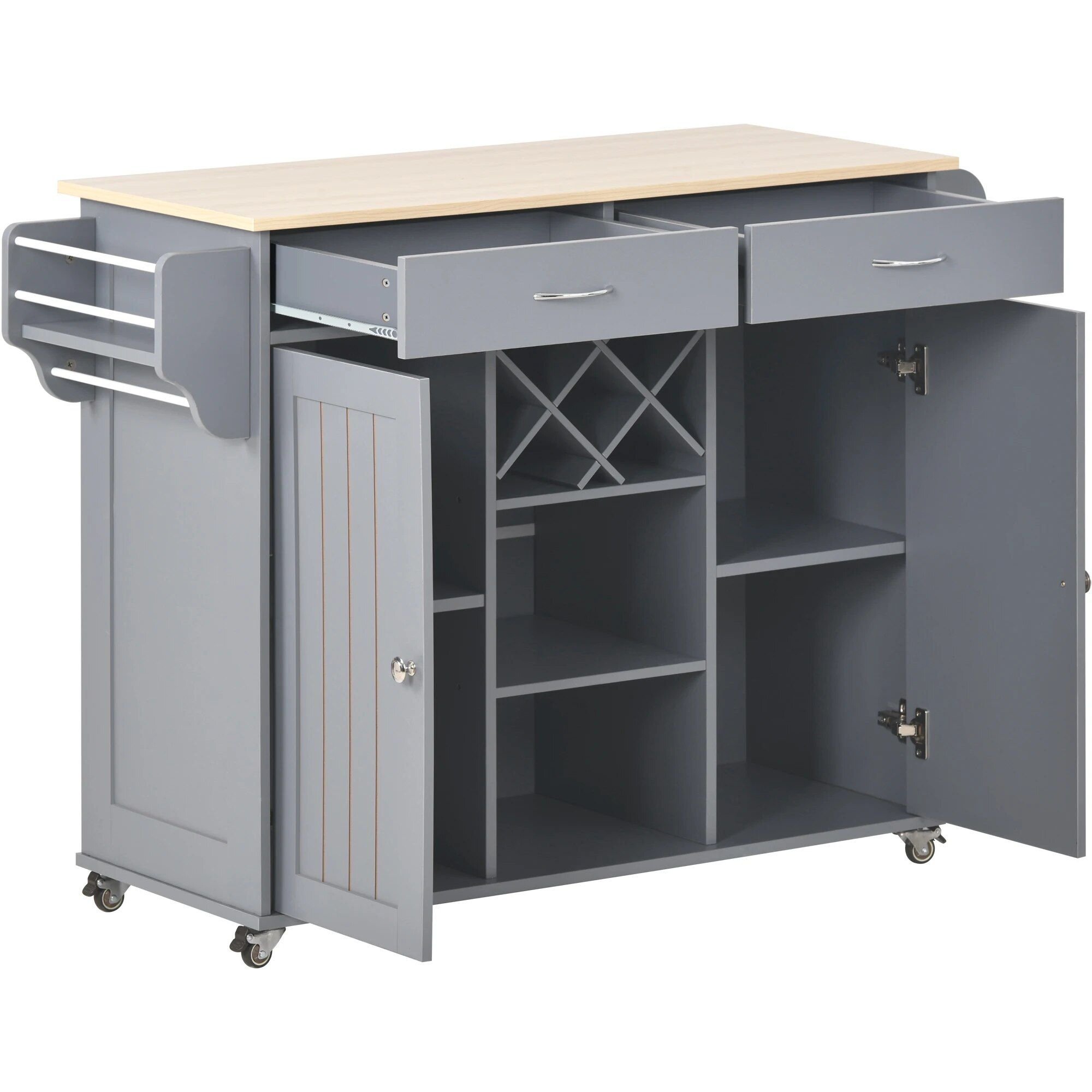8e4d2109d3115b9ffef8ad11eeba8233.jpg-full Elevate Your Culinary Space with our Multi-Purpose Kitchen Island Cart. This stylish and functional piece is perfect for any kitchen, dining room, or hallway. Featuring ample storage with two easy-glide drawers, large cabinets, open shelves, and a built-in wine rack for five bottles, it provides both organization and display space. The four smooth-rolling wheels make it easy to move, with lockable wheels for stability. Constructed from durable mahogany wood with a sleek, heat-resistant veneered top, this kitchen island cart combines elegance and practicality. Simple assembly and premium materials ensure long-lasting use. Order now and enhance your kitchen with this versatile, high-quality cart!