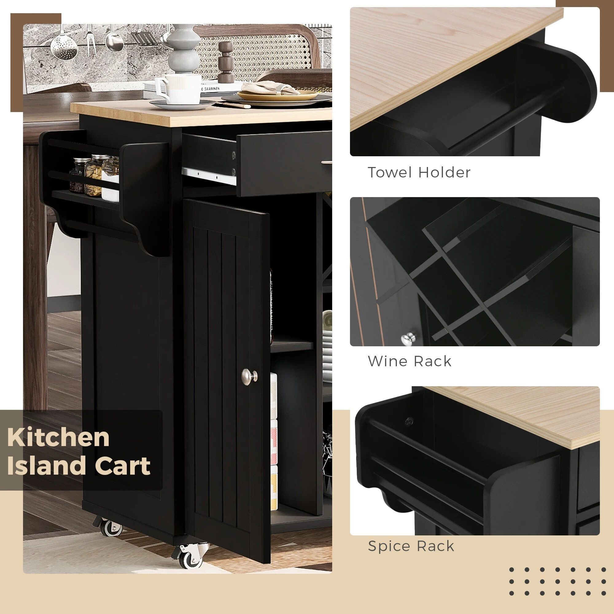 Elevate Your Culinary Space with our Multi-Purpose Kitchen Island Cart. This stylish and functional piece is perfect for any kitchen, dining room, or hallway. Featuring ample storage with two easy-glide drawers, large cabinets, open shelves, and a built-in wine rack for five bottles, it provides both organization and display space. The four smooth-rolling wheels make it easy to move, with lockable wheels for stability. Constructed from durable mahogany wood with a sleek, heat-resistant veneered top, this kitchen island cart combines elegance and practicality. Simple assembly and premium materials ensure long-lasting use. Order now and enhance your kitchen with this versatile, high-quality cart!