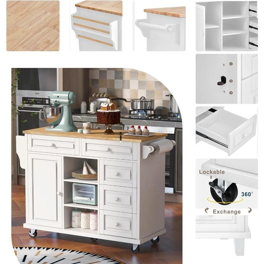 954956c33fa19473cbee8d668f2bef97.jpg-full Enhance your kitchen with our Versatile Rolling Kitchen Island, a perfect blend of style and practicality. Featuring a sturdy rubberwood countertop ideal for meal prep and serving, this cart offers ample storage with five spacious drawers and shelves. Its easy mobility, with five wheels (two lockable for stability), allows for flexible use in any kitchen. The sleek white finish complements any décor, while the easy-to-maintain surface keeps your kitchen organized and efficient. No assembly required—just roll it into your space and enjoy the added functionality and elegance.