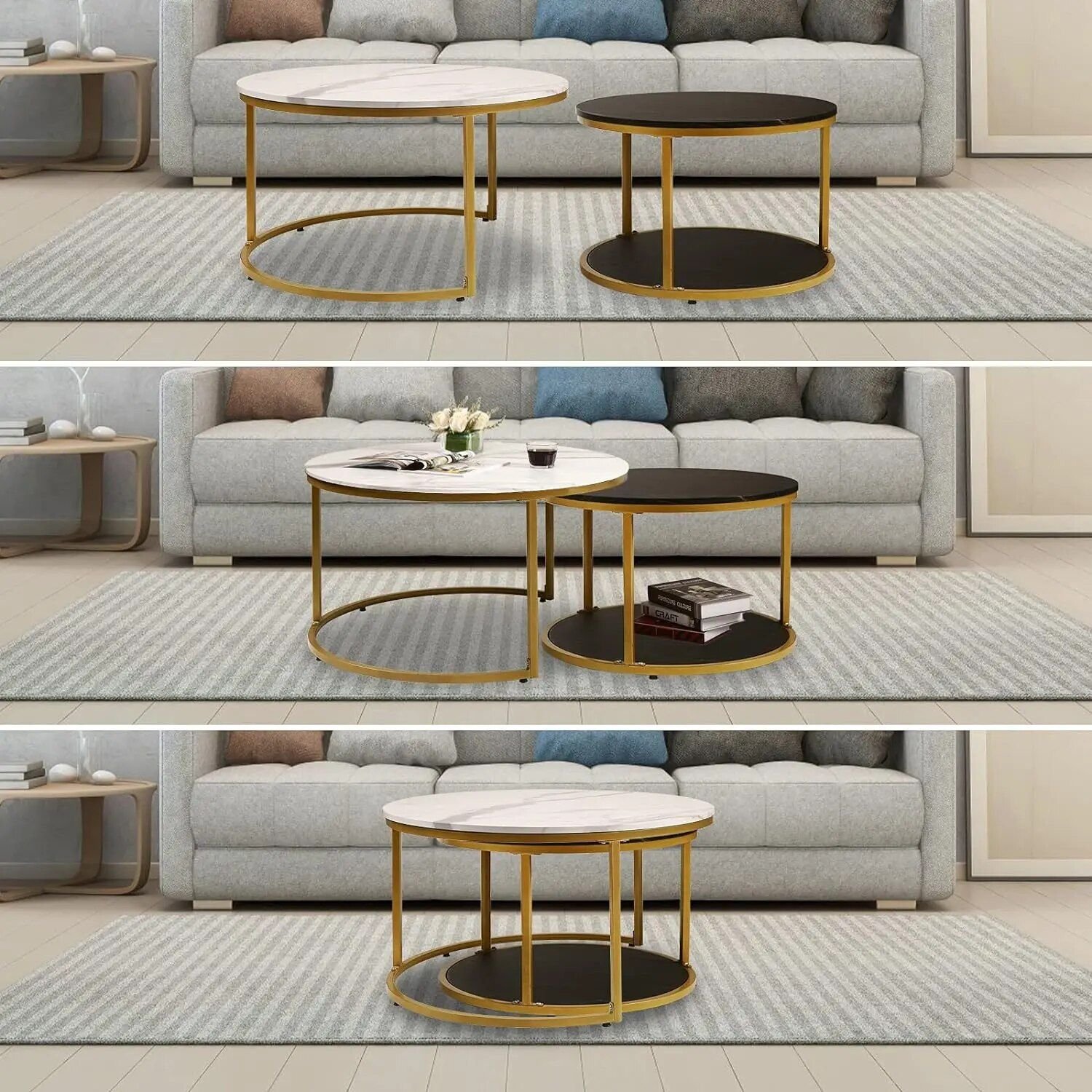 a39822286b85ab57db6eb5050c5f9573.jpg-full Transform your living space with our Modern Nesting Coffee Table Set, designed to blend elegance with functionality. This two-piece set includes a large coffee table and a smaller side table, both featuring eco-friendly particle board tops with a chic faux marble finish and sturdy gold metal frames. The nesting design allows for flexible arrangement, saving space when needed and offering extra surface area when separated. Perfect for any occasion, this versatile set adds a touch of sophistication while meeting your everyday needs with ease.