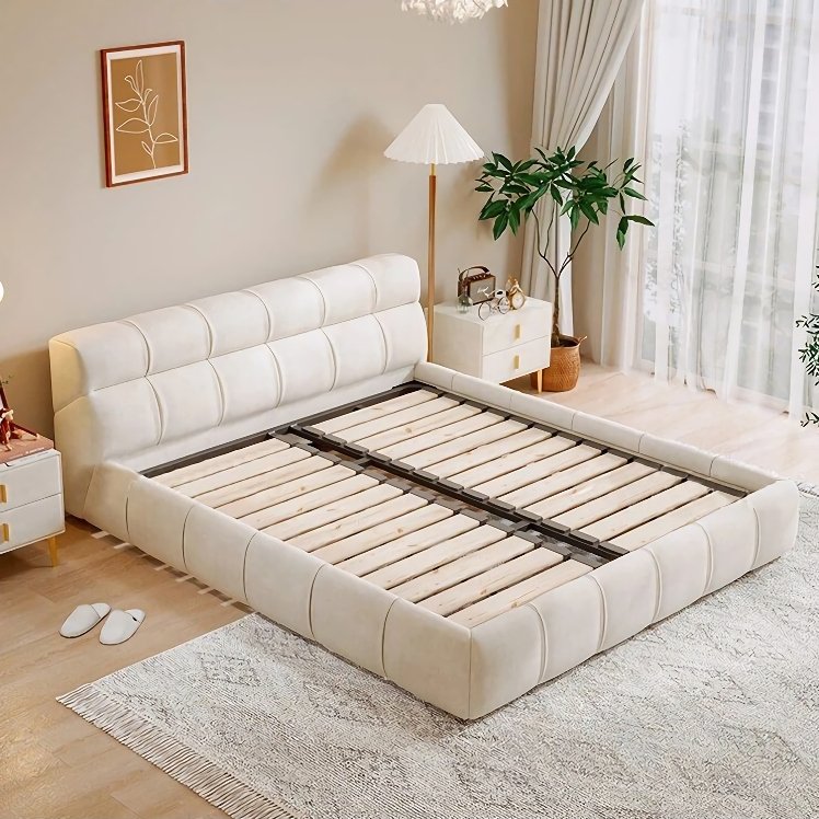 Luxurious Minimalist Upholstered Bed – A perfect blend of Italian luxury and minimalist design, this bed adds sophistication and comfort to any bedroom. Crafted with a durable oak frame and soft fabric upholstery, it offers both durability and a cozy, inviting appearance. The sleek, modern design is ideal for any room, making it a versatile choice for home or commercial spaces. Elevate your bedroom with this statement piece, offering both style and comfort. Order now and transform your bedroom into a sanctuary of relaxation. (Mattress and box spring not included.)
