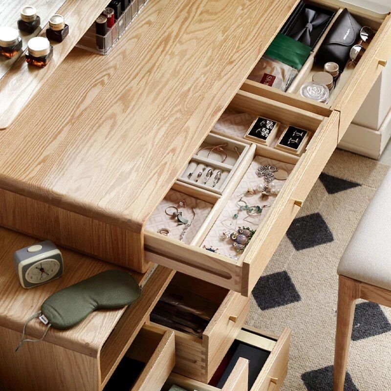 b1b53746156ef96df4b6f2a25512c19e.jpg-full Elevate Your Bedroom with the Modern Oak Wood Dresser. Crafted from high-quality solid oak, this dresser combines minimalist design with practical storage. Featuring two spacious drawers and a stylish art pattern mirror, it brings both elegance and functionality to your space. The generous 100x40x75cm size fits perfectly in any room, offering a sleek, modern aesthetic. Ideal for daily use, whether for storing personal items or styling with the knee-length mirror. This dresser is a perfect blend of luxury, durability, and sophisticated design.