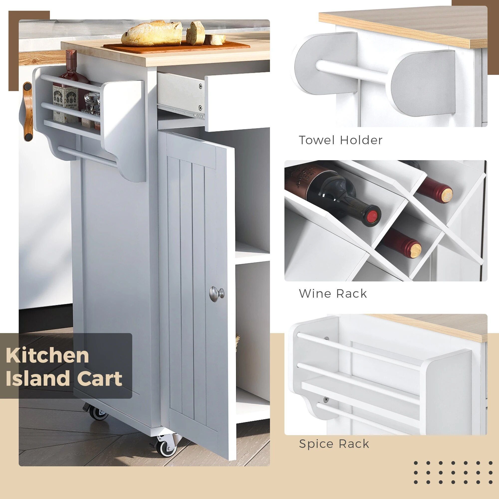Elevate Your Culinary Space with our Multi-Purpose Kitchen Island Cart. This stylish and functional piece is perfect for any kitchen, dining room, or hallway. Featuring ample storage with two easy-glide drawers, large cabinets, open shelves, and a built-in wine rack for five bottles, it provides both organization and display space. The four smooth-rolling wheels make it easy to move, with lockable wheels for stability. Constructed from durable mahogany wood with a sleek, heat-resistant veneered top, this kitchen island cart combines elegance and practicality. Simple assembly and premium materials ensure long-lasting use. Order now and enhance your kitchen with this versatile, high-quality cart!